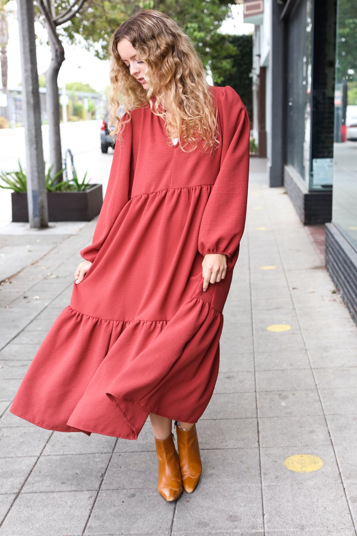 Spice Notched Neck Frill Hem Tiered Maxi Dress