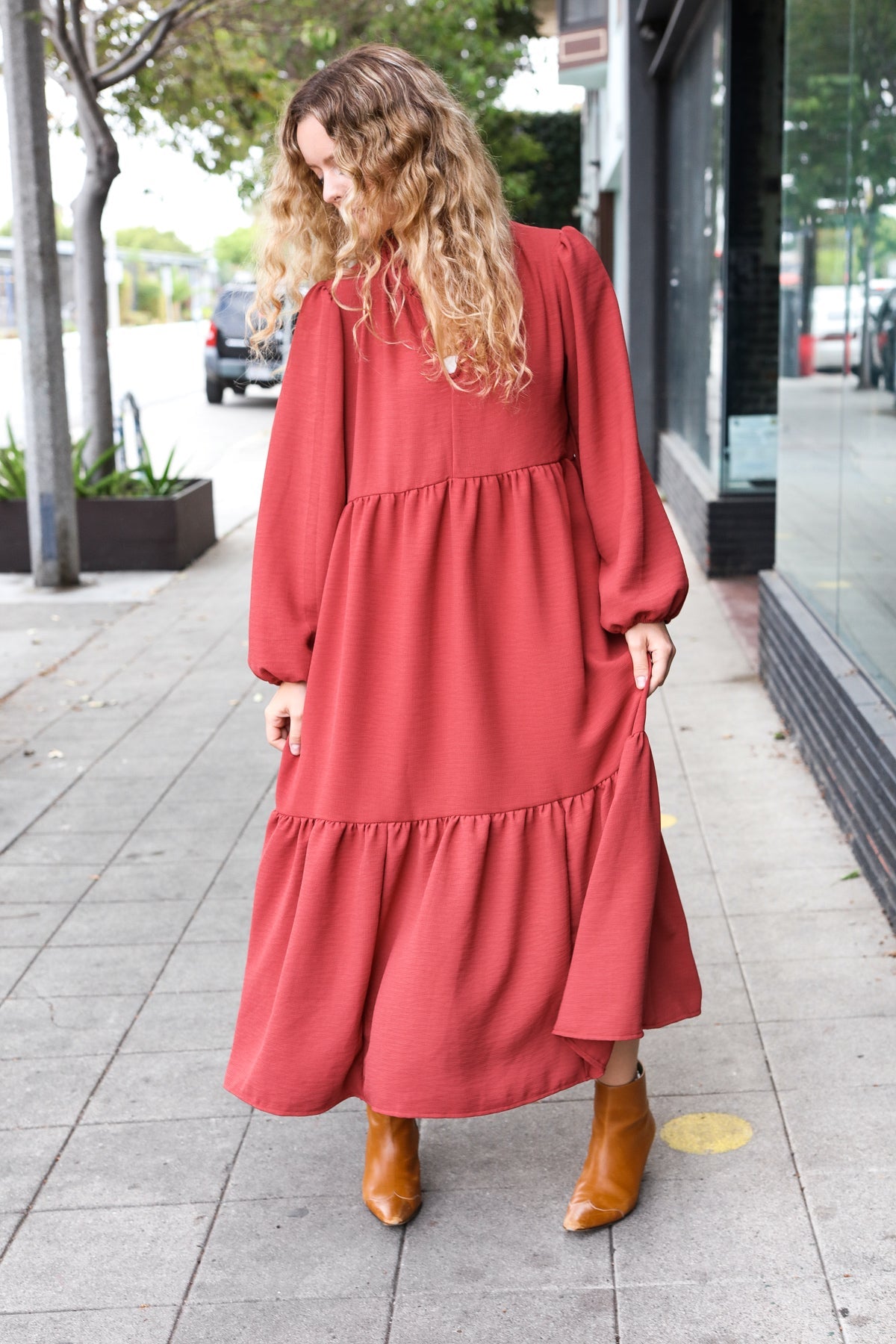 Spice Notched Neck Frill Hem Tiered Maxi Dress