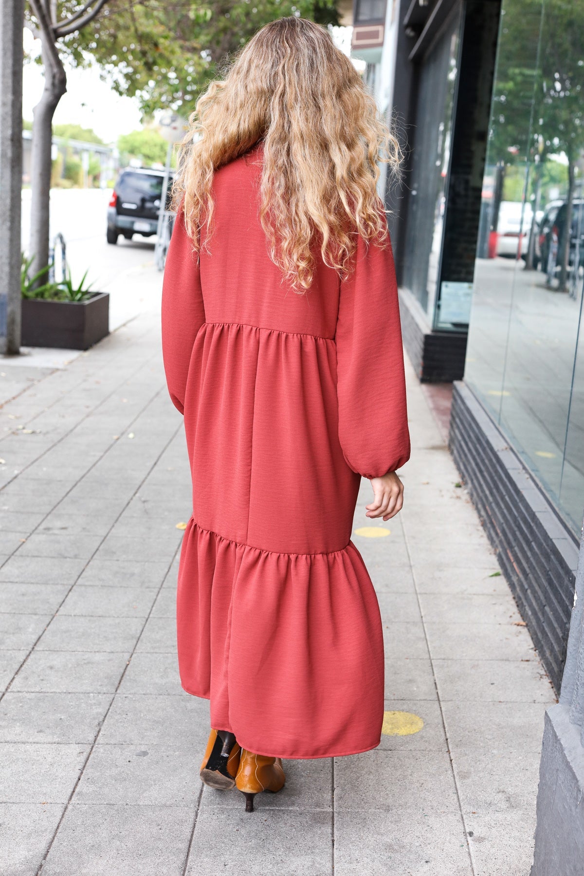 Spice Notched Neck Frill Hem Tiered Maxi Dress