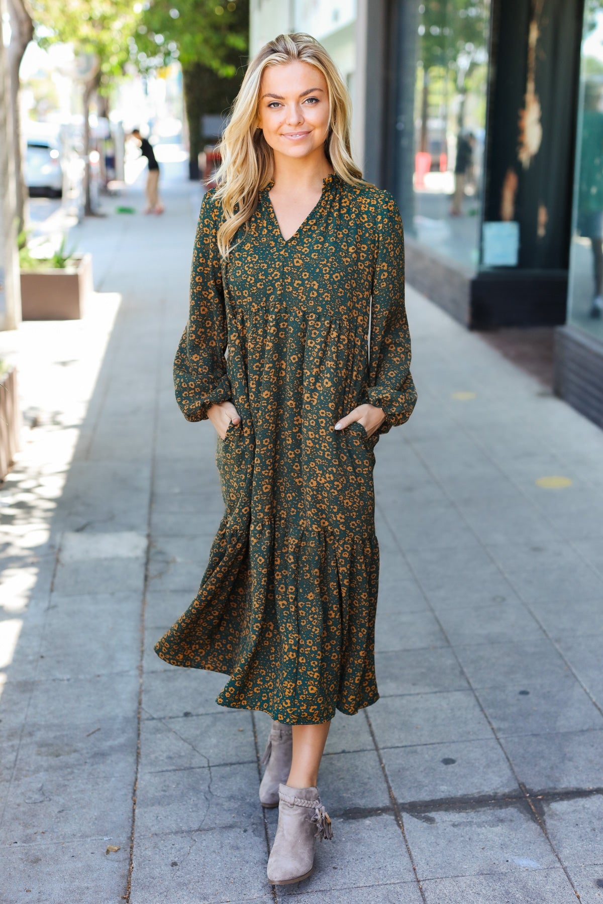 Hunter Green Floral Notched Neck Tiered Maxi Dress