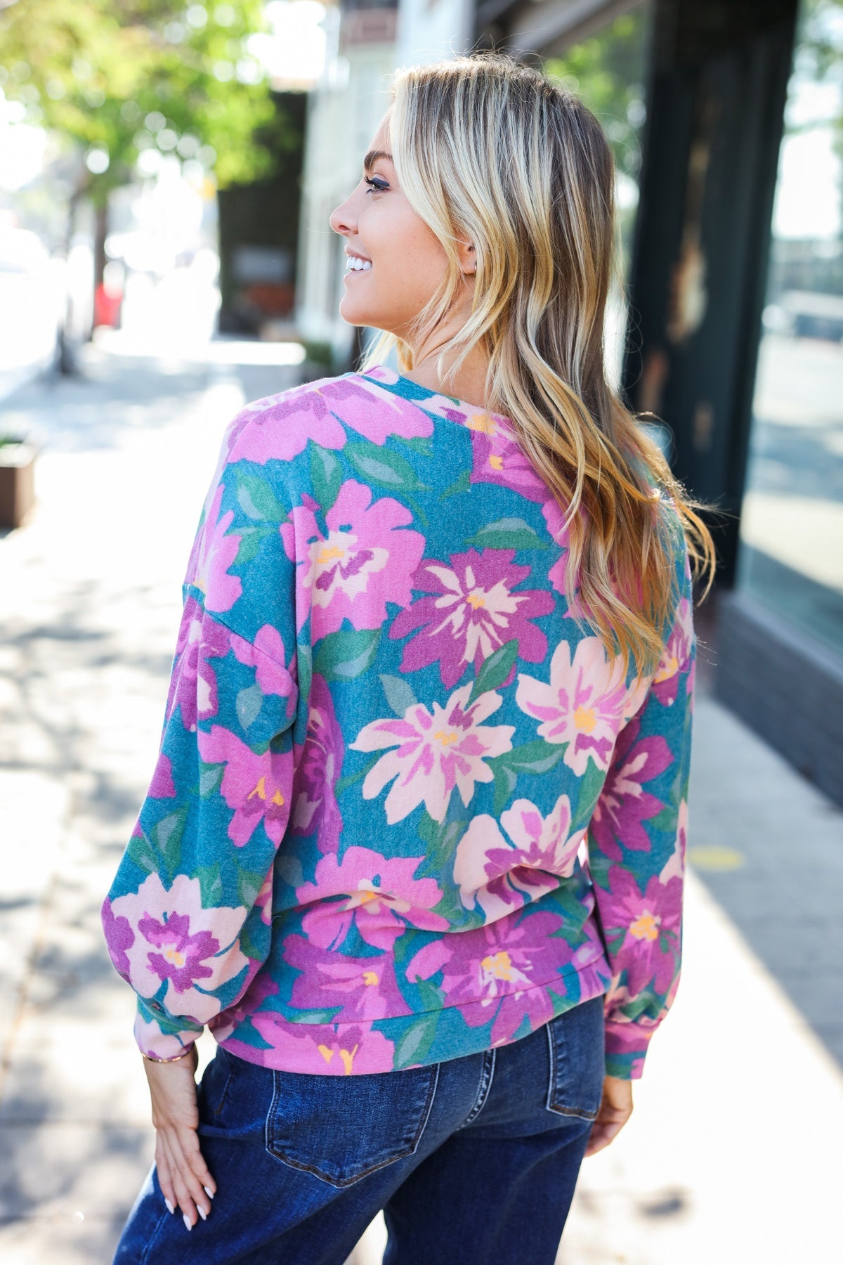 Teal Floral Brushed Hacci Sweater Top