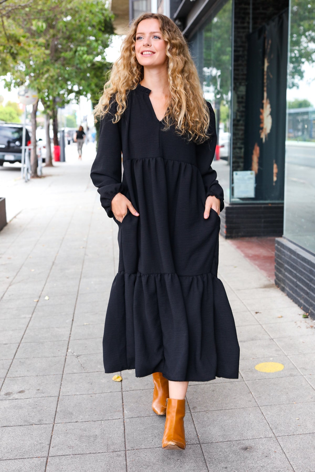 Black Notched Neck Frill Hem Tiered Maxi Dress