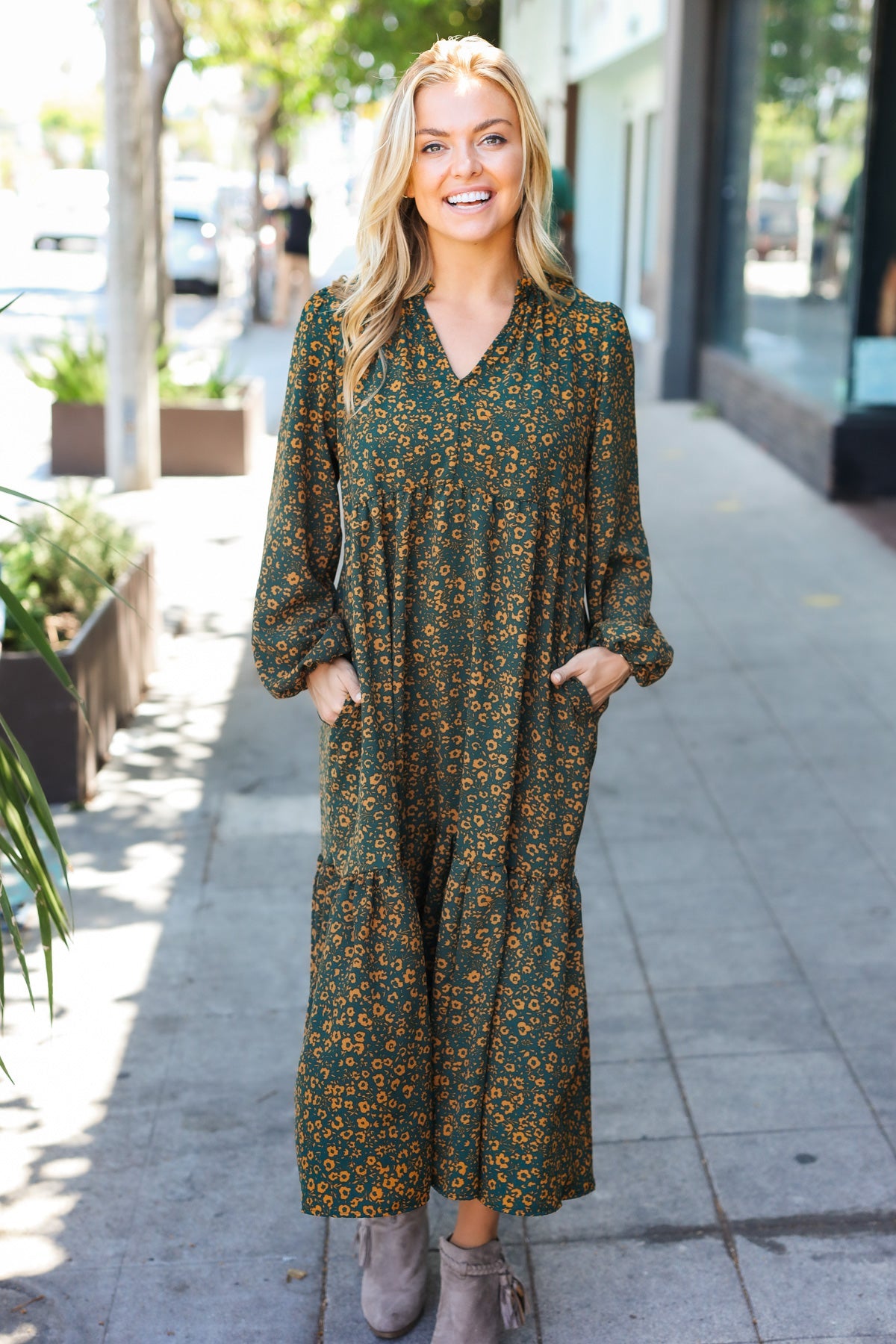 Hunter Green Floral Notched Neck Tiered Maxi Dress