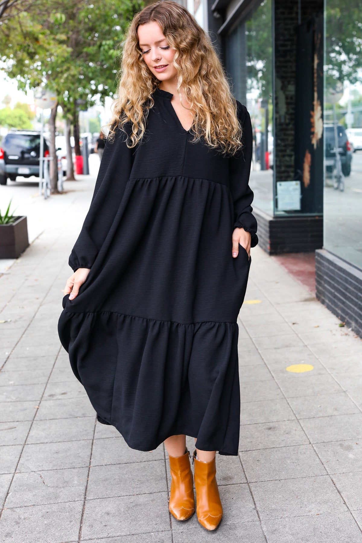 Black Notched Neck Frill Hem Tiered Maxi Dress