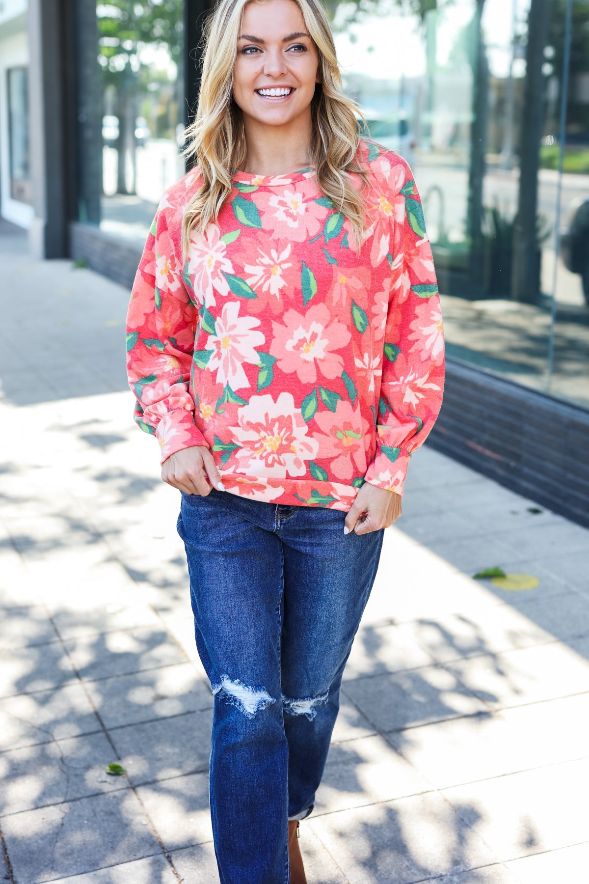 Red Floral Brushed Hacci Sweater Top