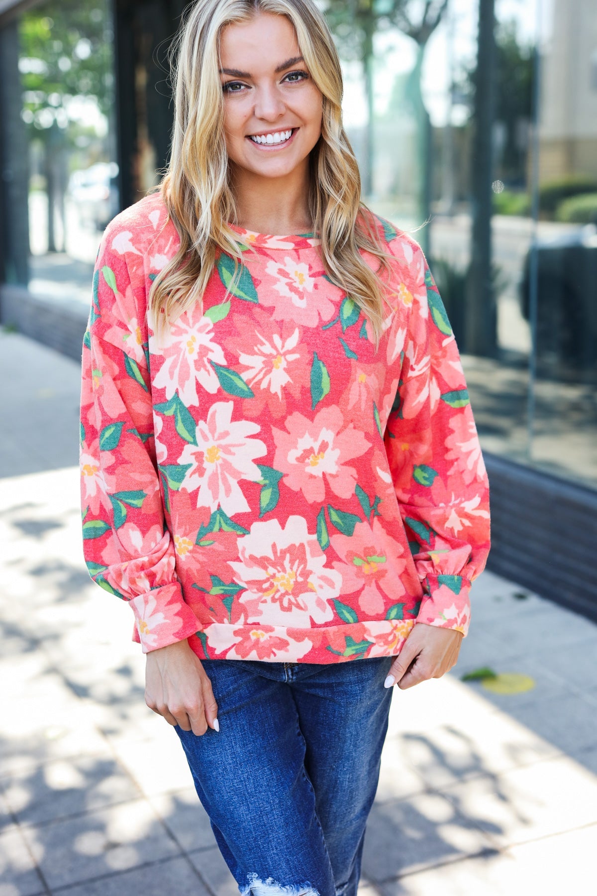 Red Floral Brushed Hacci Sweater Top