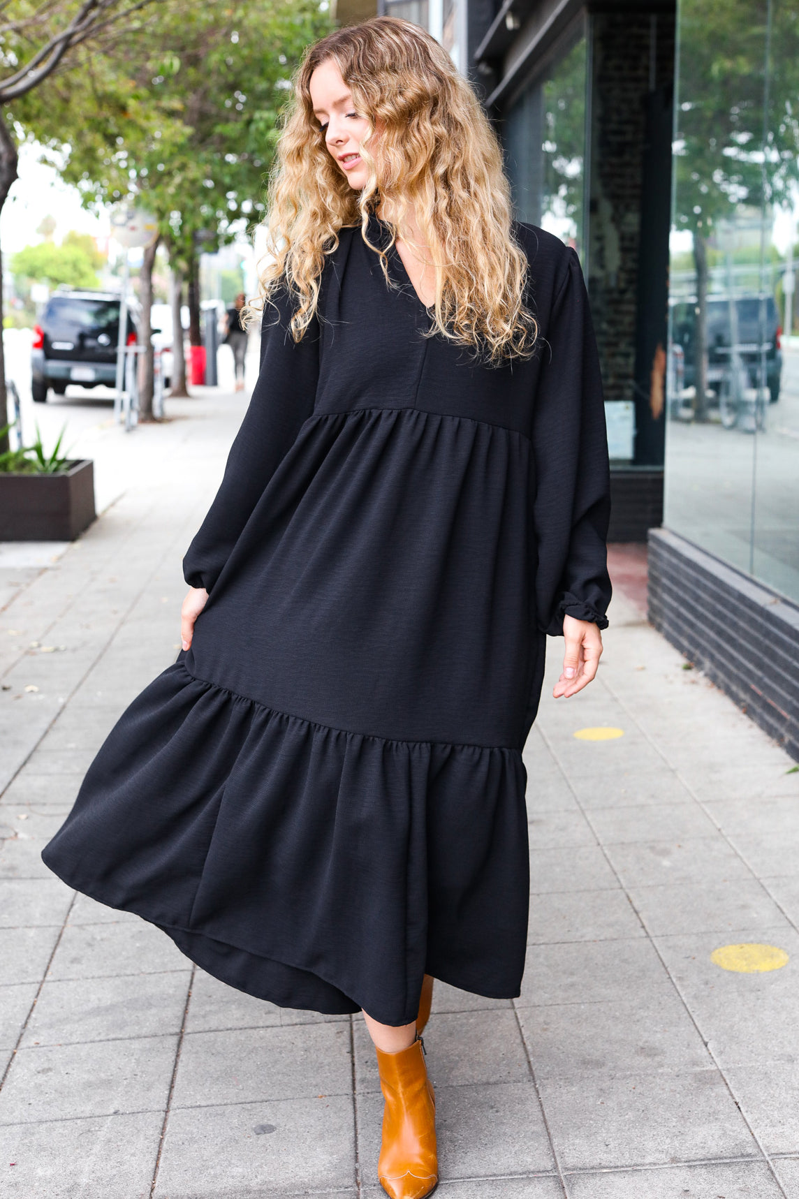 Black Notched Neck Frill Hem Tiered Maxi Dress