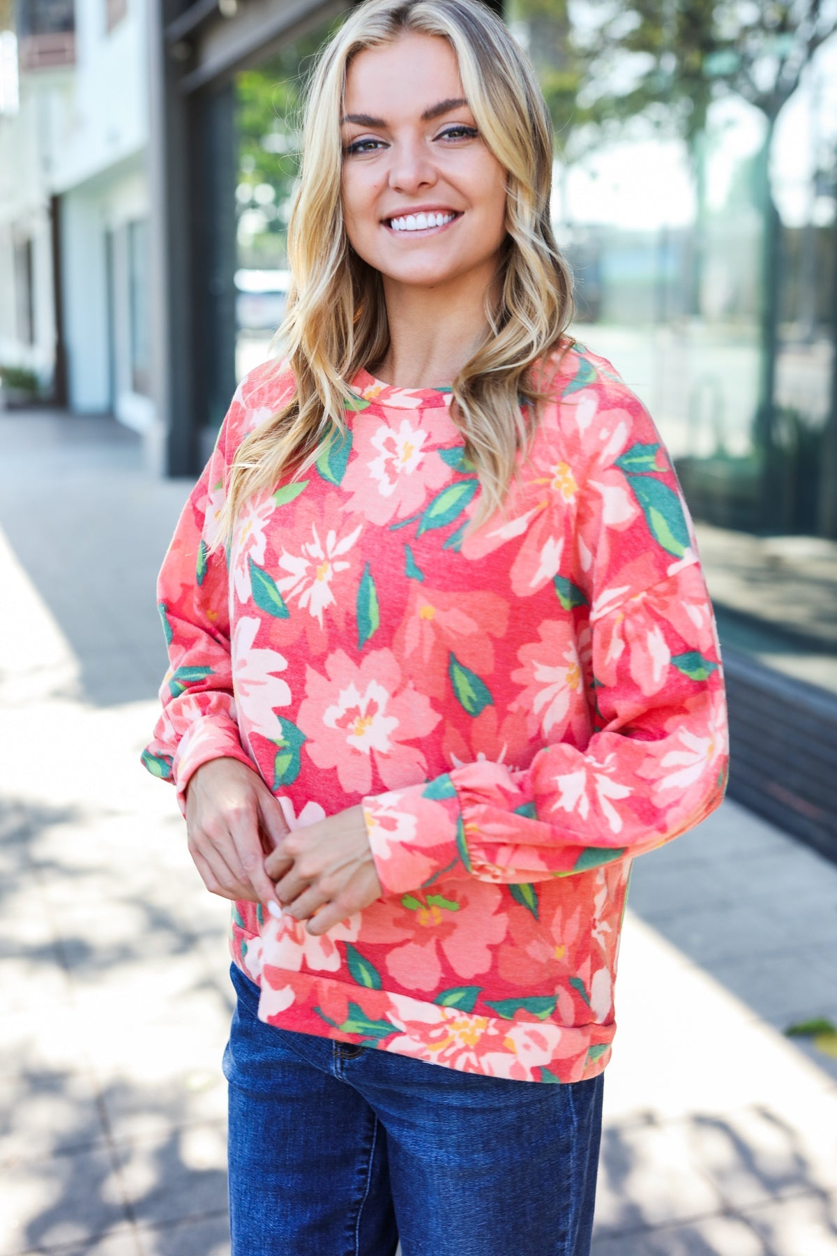 Red Floral Brushed Hacci Sweater Top