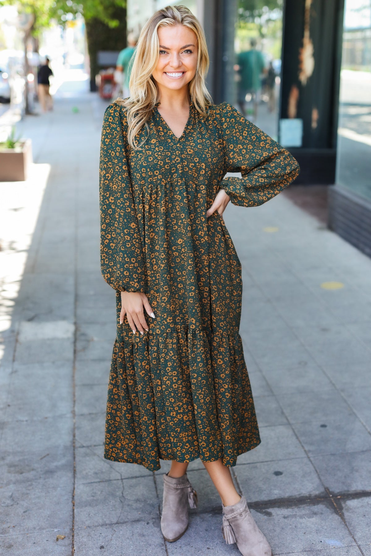 Hunter Green Floral Notched Neck Tiered Maxi Dress