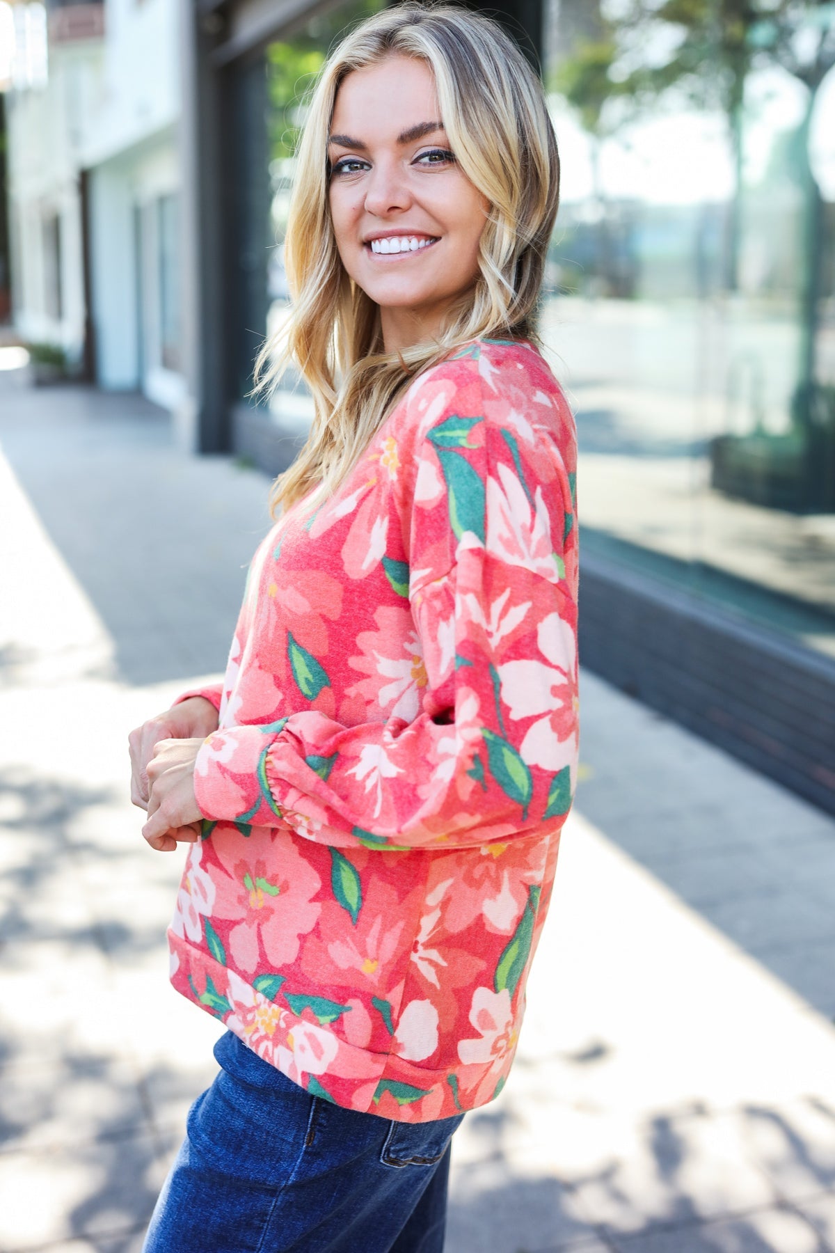 Red Floral Brushed Hacci Sweater Top