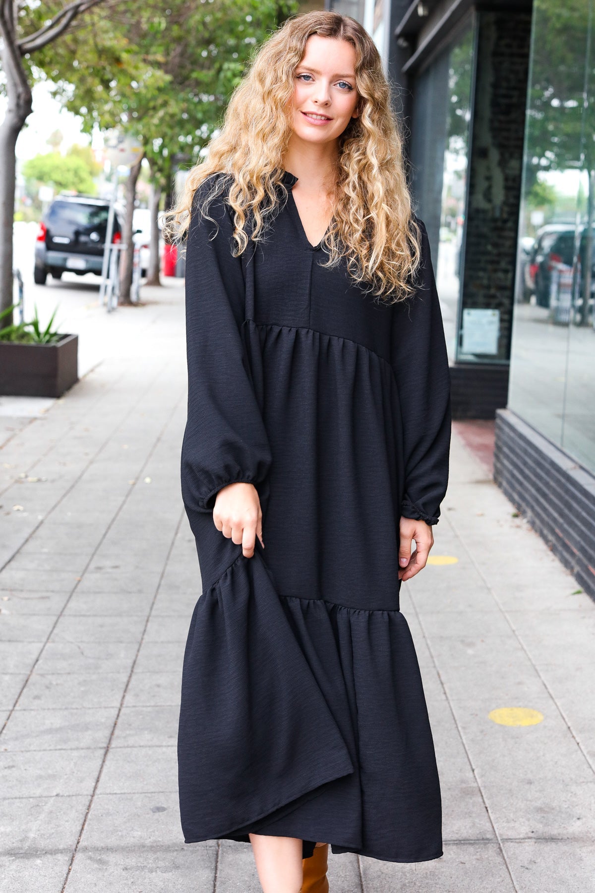 Black Notched Neck Frill Hem Tiered Maxi Dress