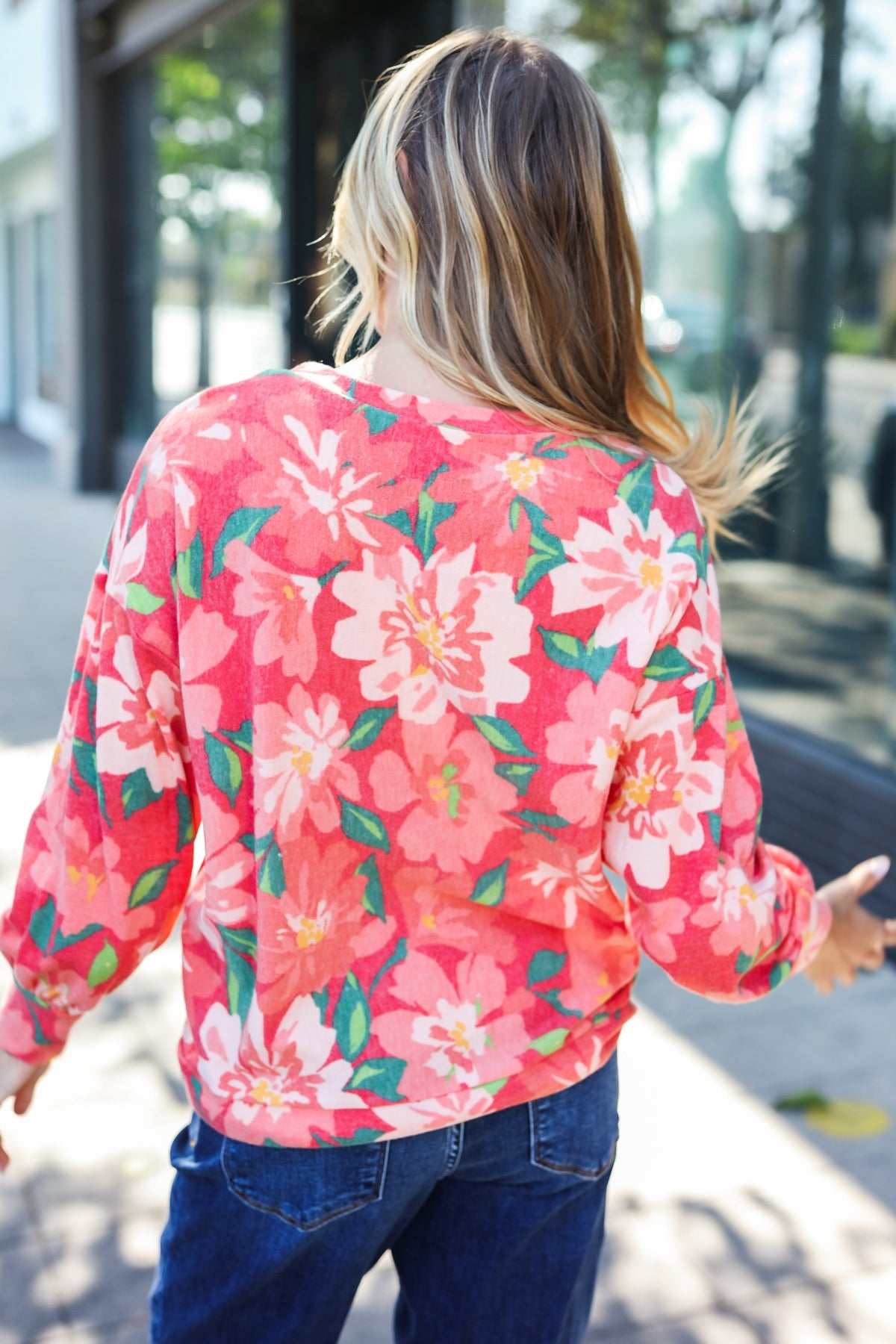 Red Floral Brushed Hacci Sweater Top