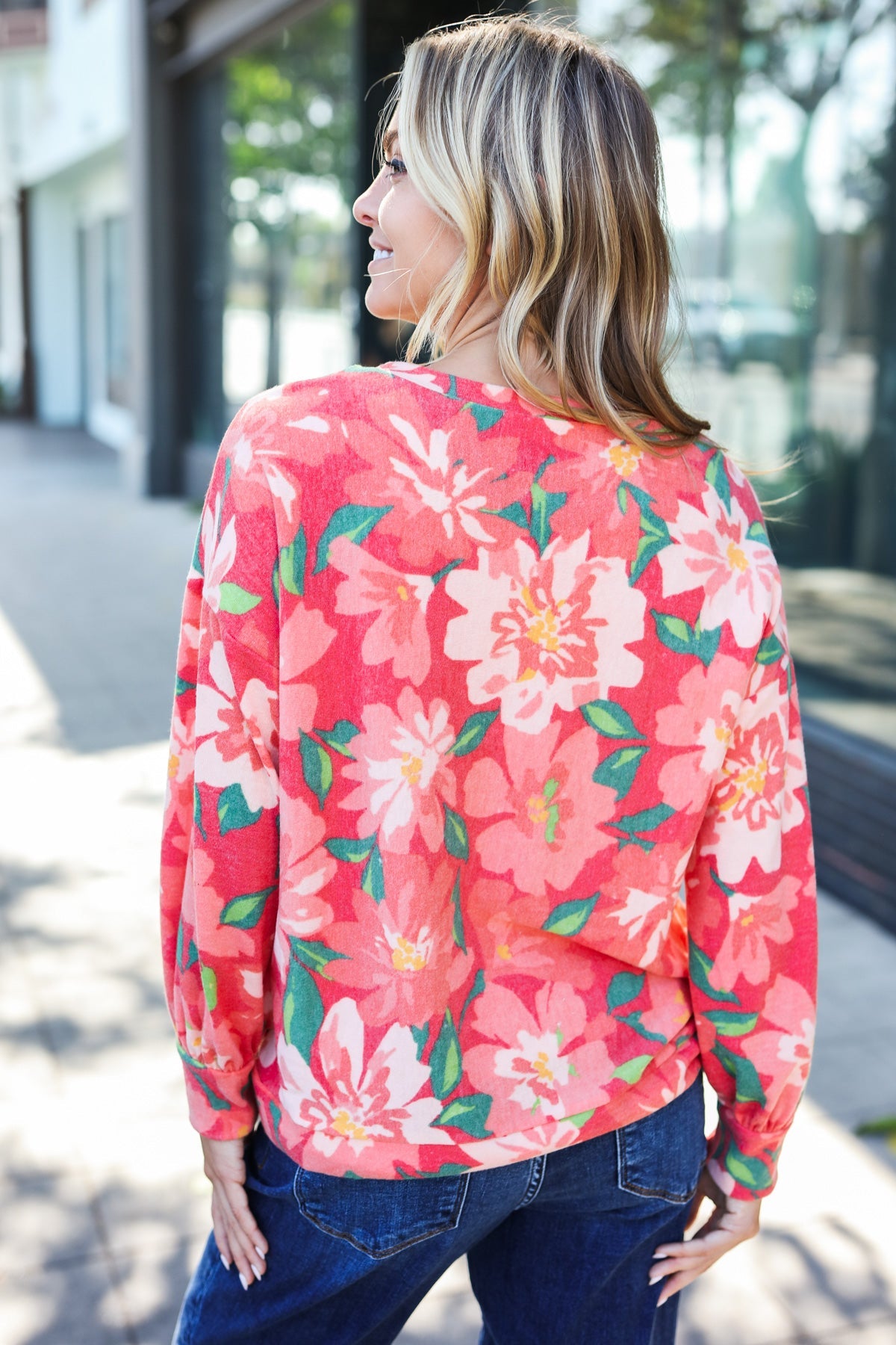 Red Floral Brushed Hacci Sweater Top