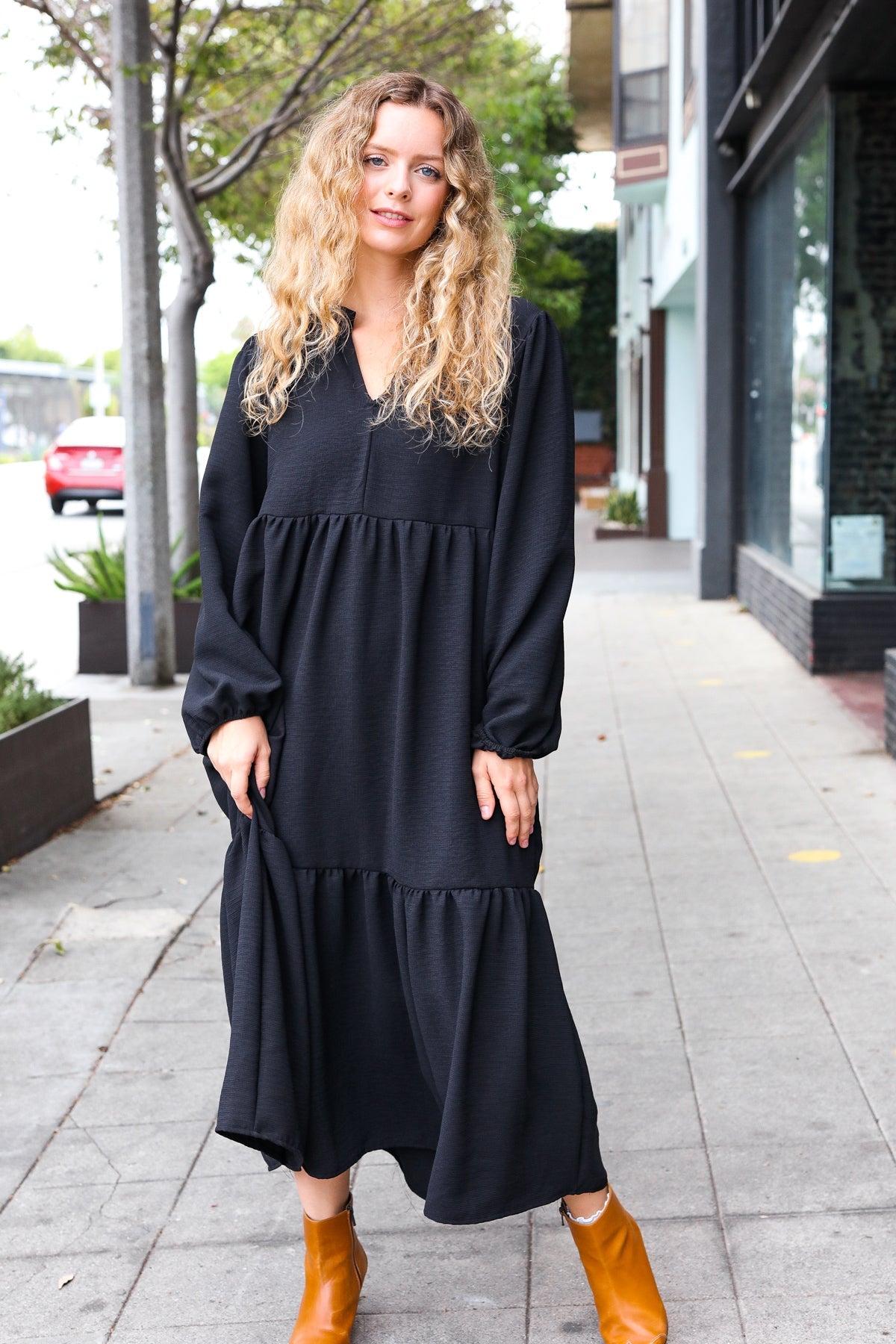 Black Notched Neck Frill Hem Tiered Maxi Dress