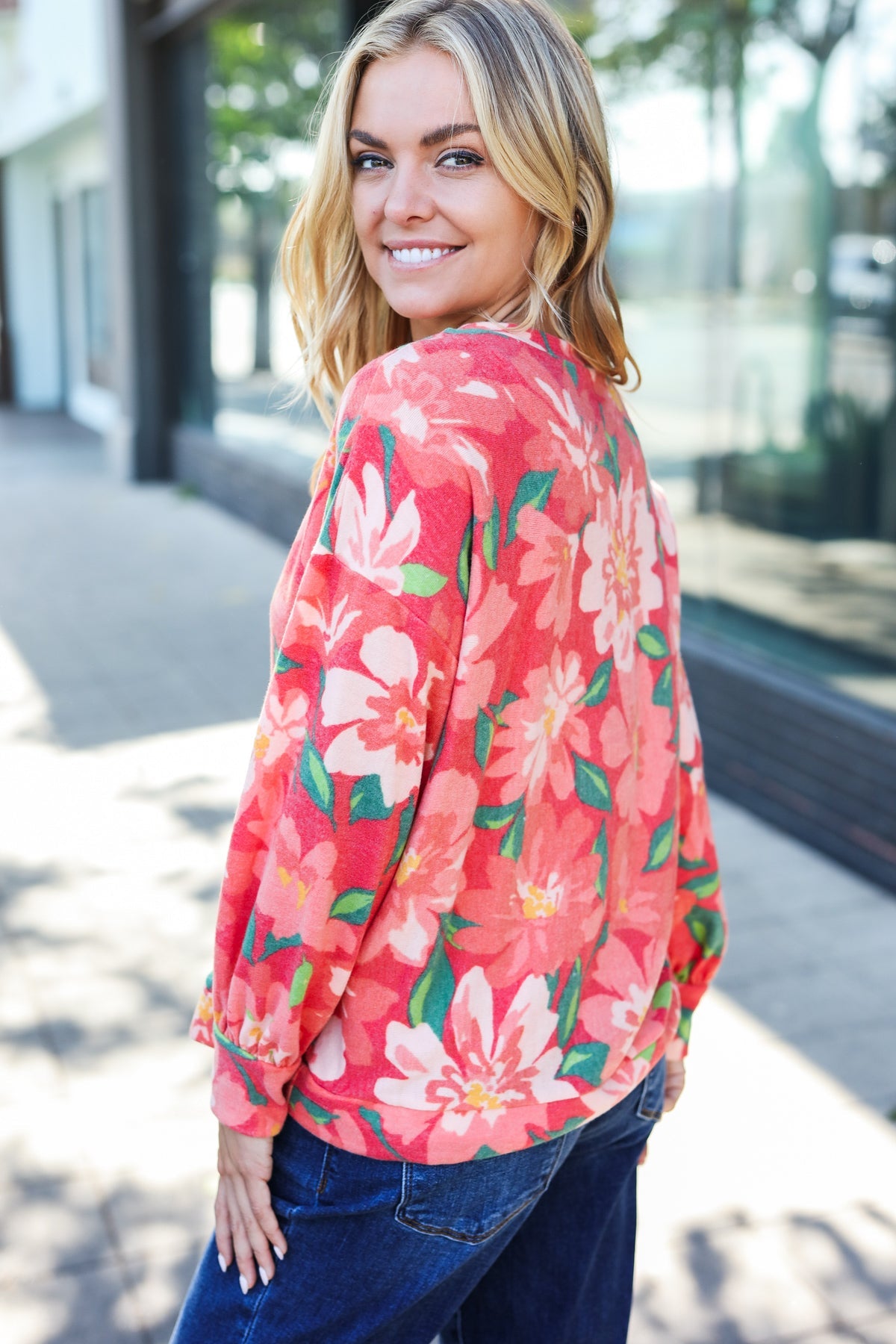 Red Floral Brushed Hacci Sweater Top