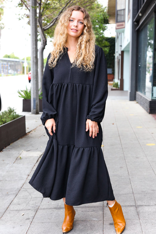 Black Notched Neck Frill Hem Tiered Maxi Dress