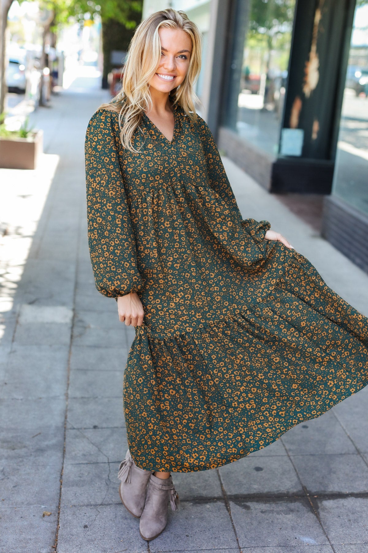 Hunter Green Floral Notched Neck Tiered Maxi Dress