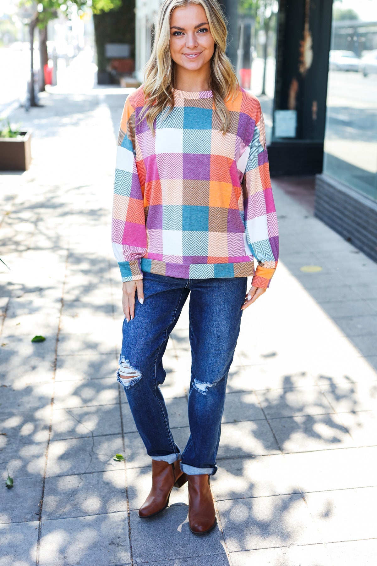 Berry Plaid Checker Hacci Sweater Top