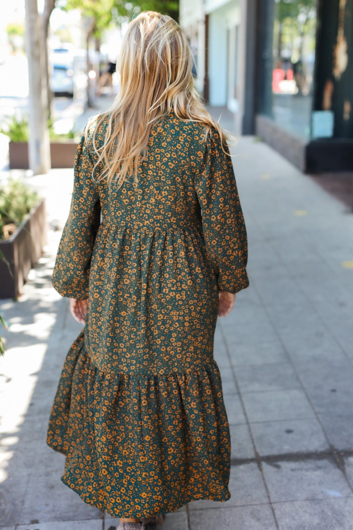 Hunter Green Floral Notched Neck Tiered Maxi Dress