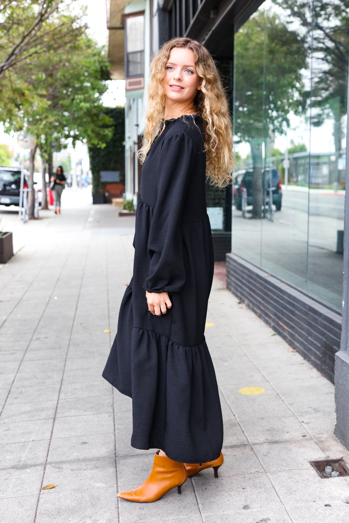 Black Notched Neck Frill Hem Tiered Maxi Dress