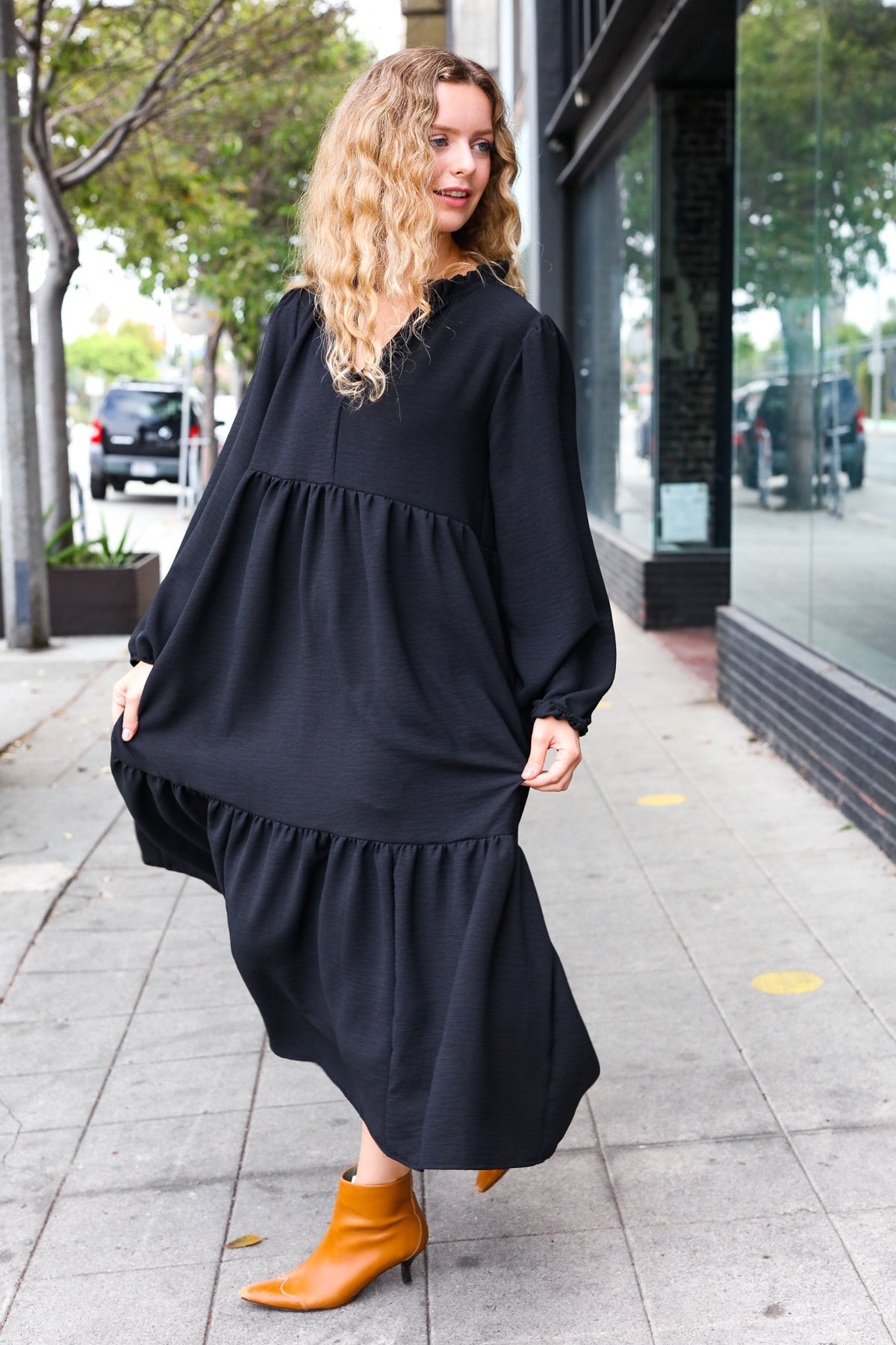 Black Notched Neck Frill Hem Tiered Maxi Dress