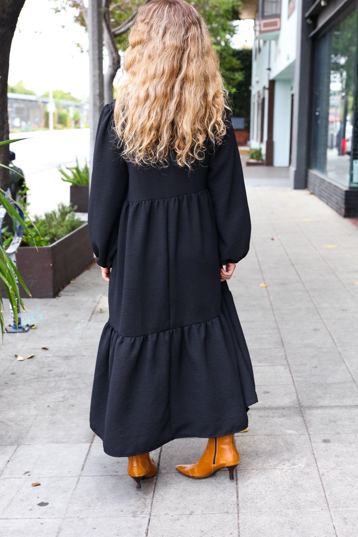 Black Notched Neck Frill Hem Tiered Maxi Dress