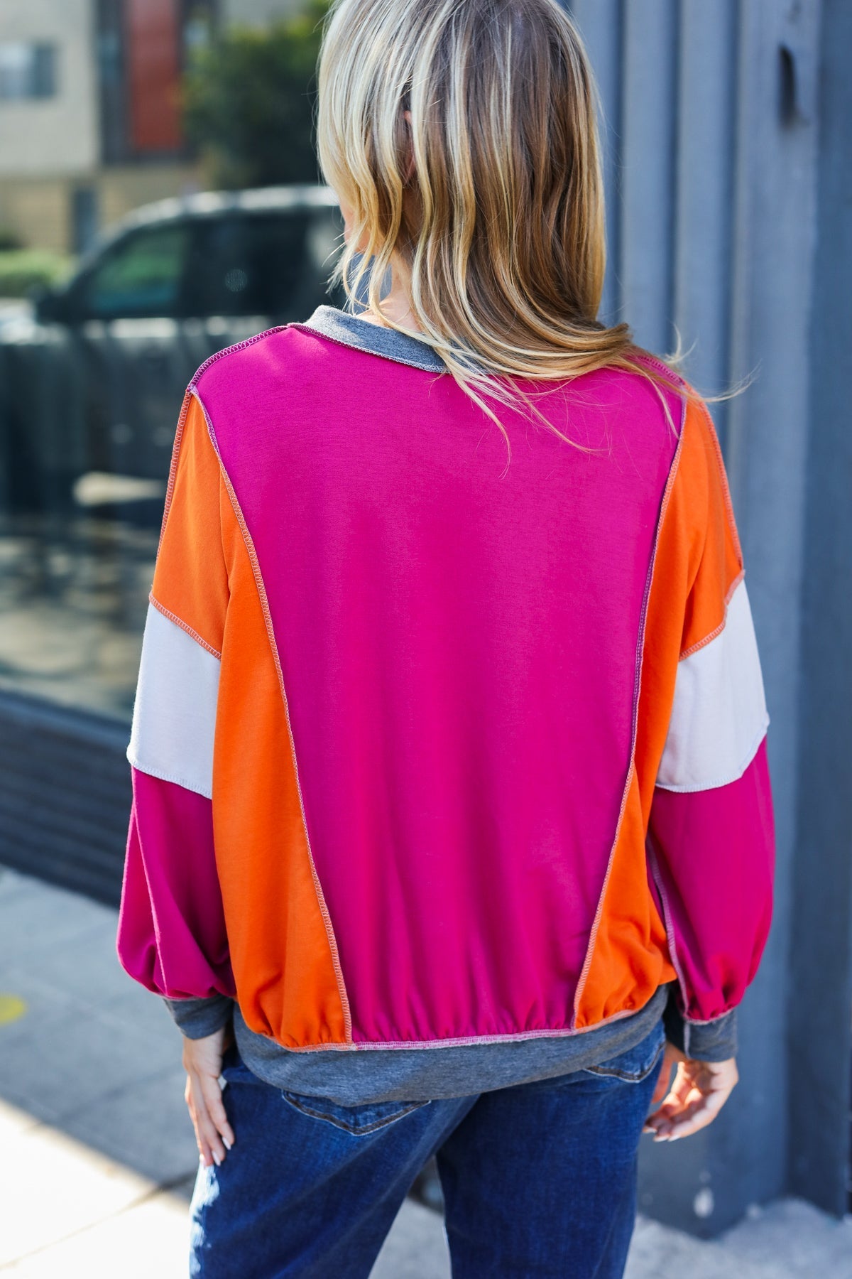 Magenta Color Block Outseam Terry Top