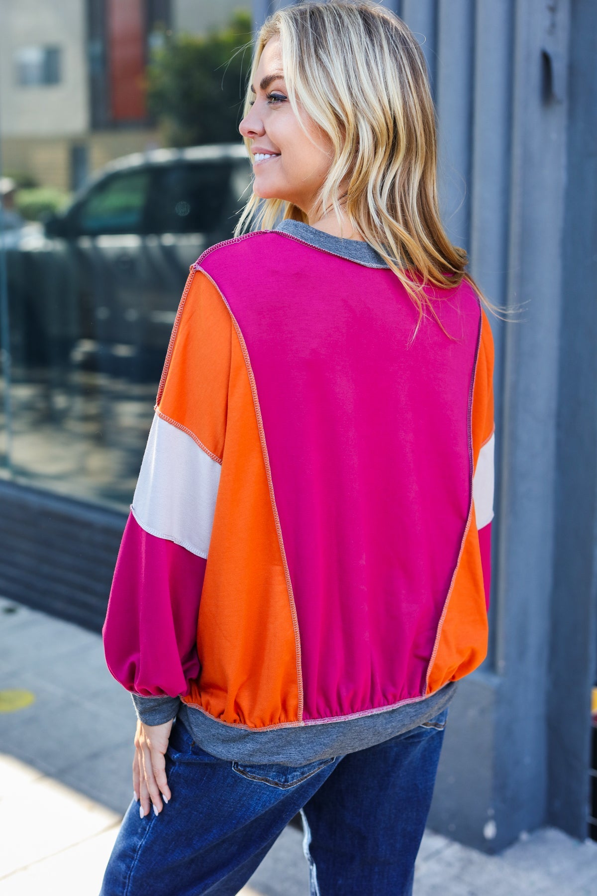 Magenta Color Block Outseam Terry Top