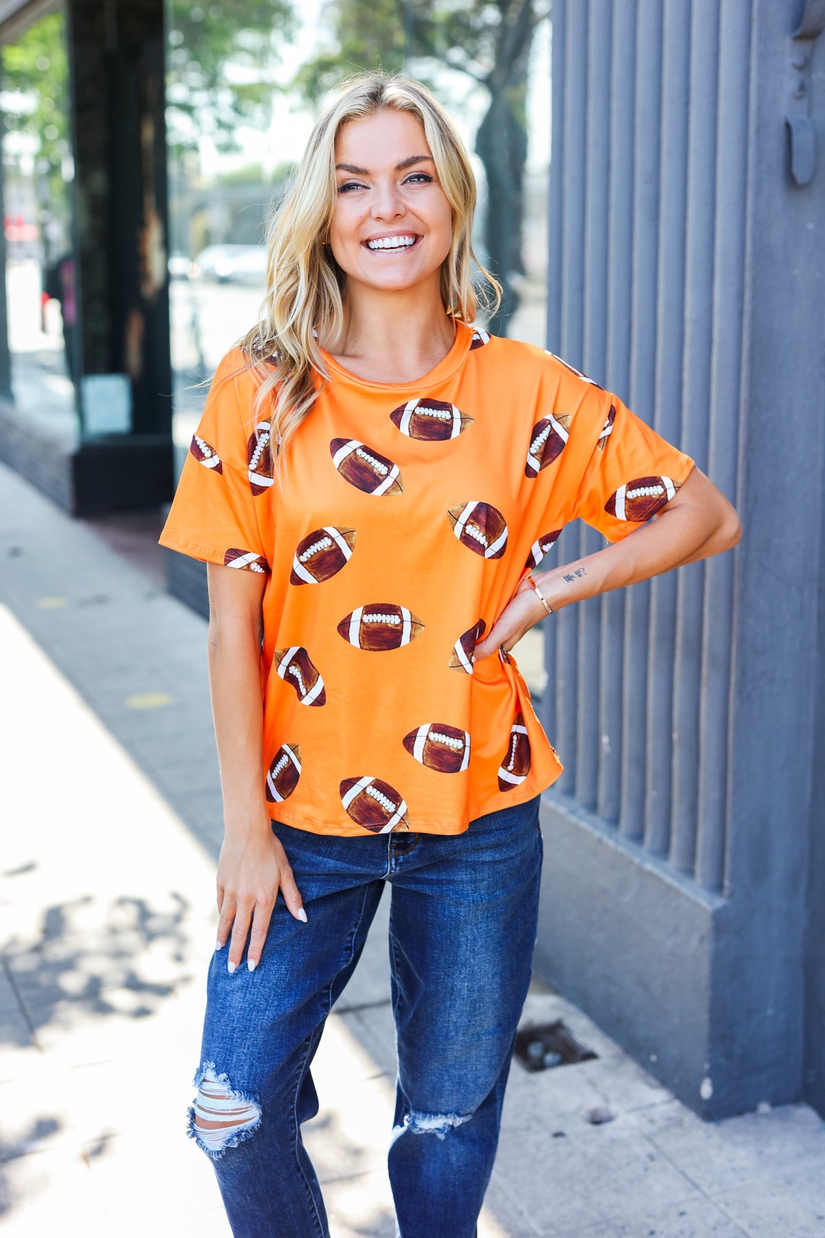 Orange Football Print Knit Top