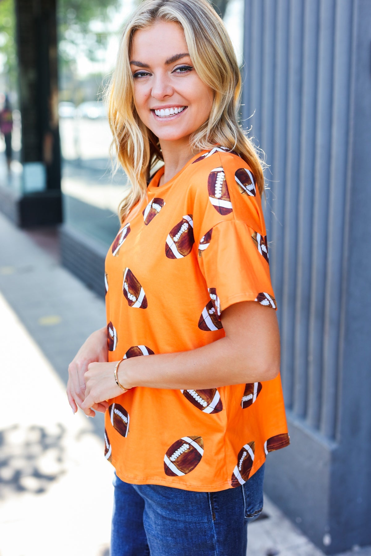 Orange Football Print Knit Top