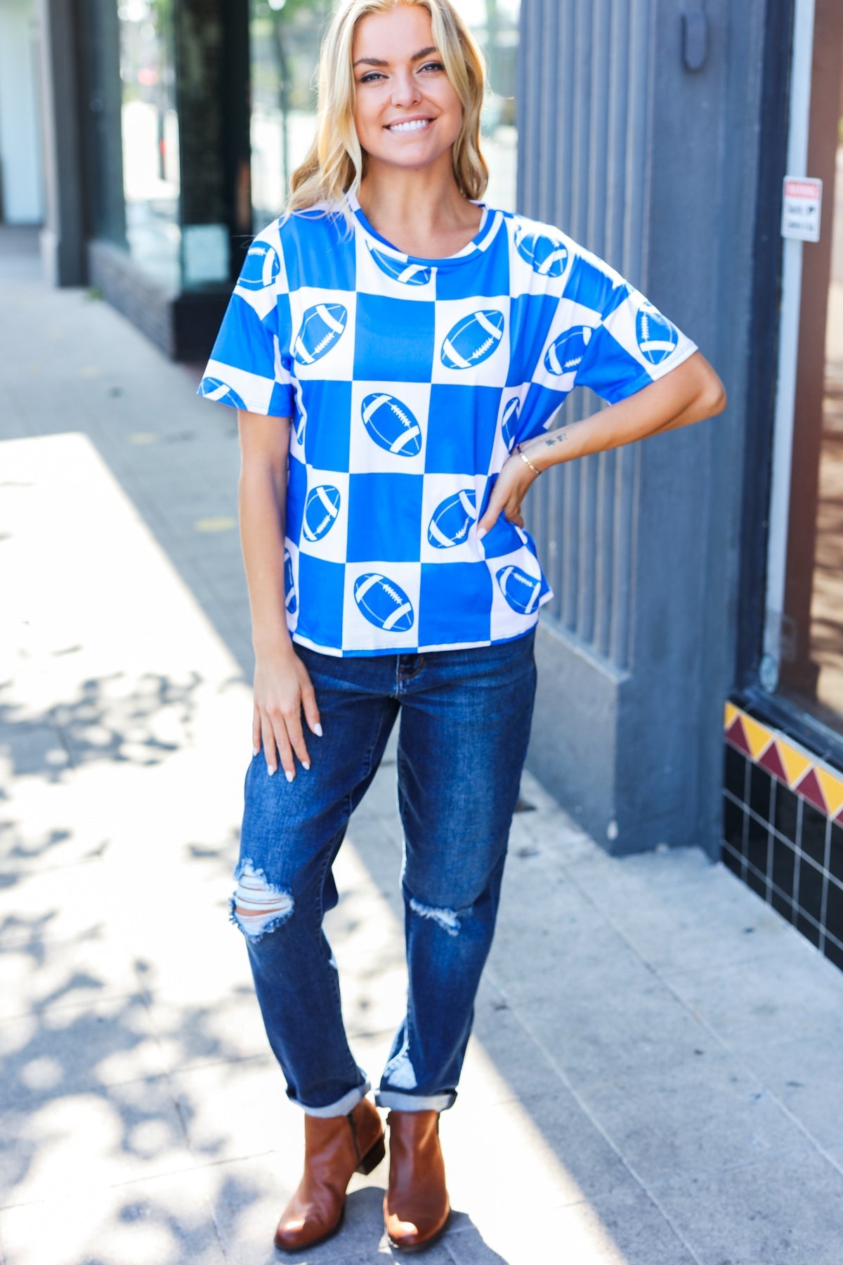 Blue Football Checker Print Top