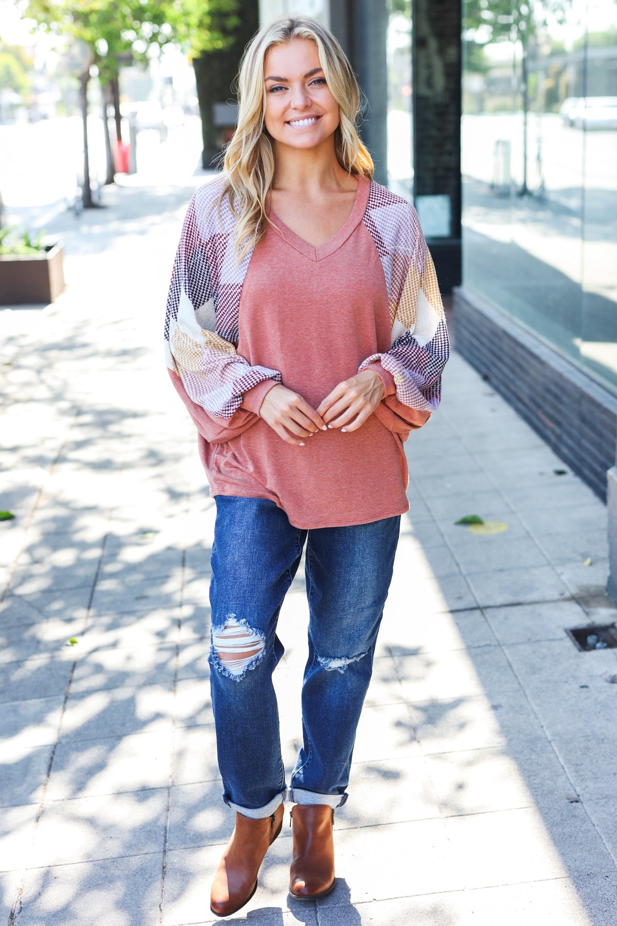 Rust Argyle Pattern Dolman V Neck Top