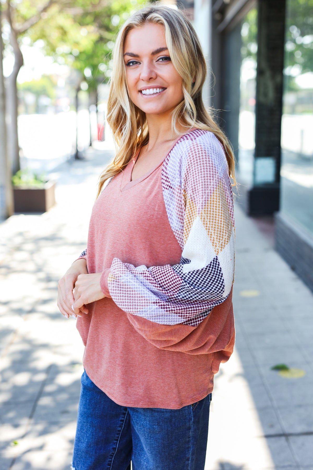 Rust Argyle Pattern Dolman V Neck Top