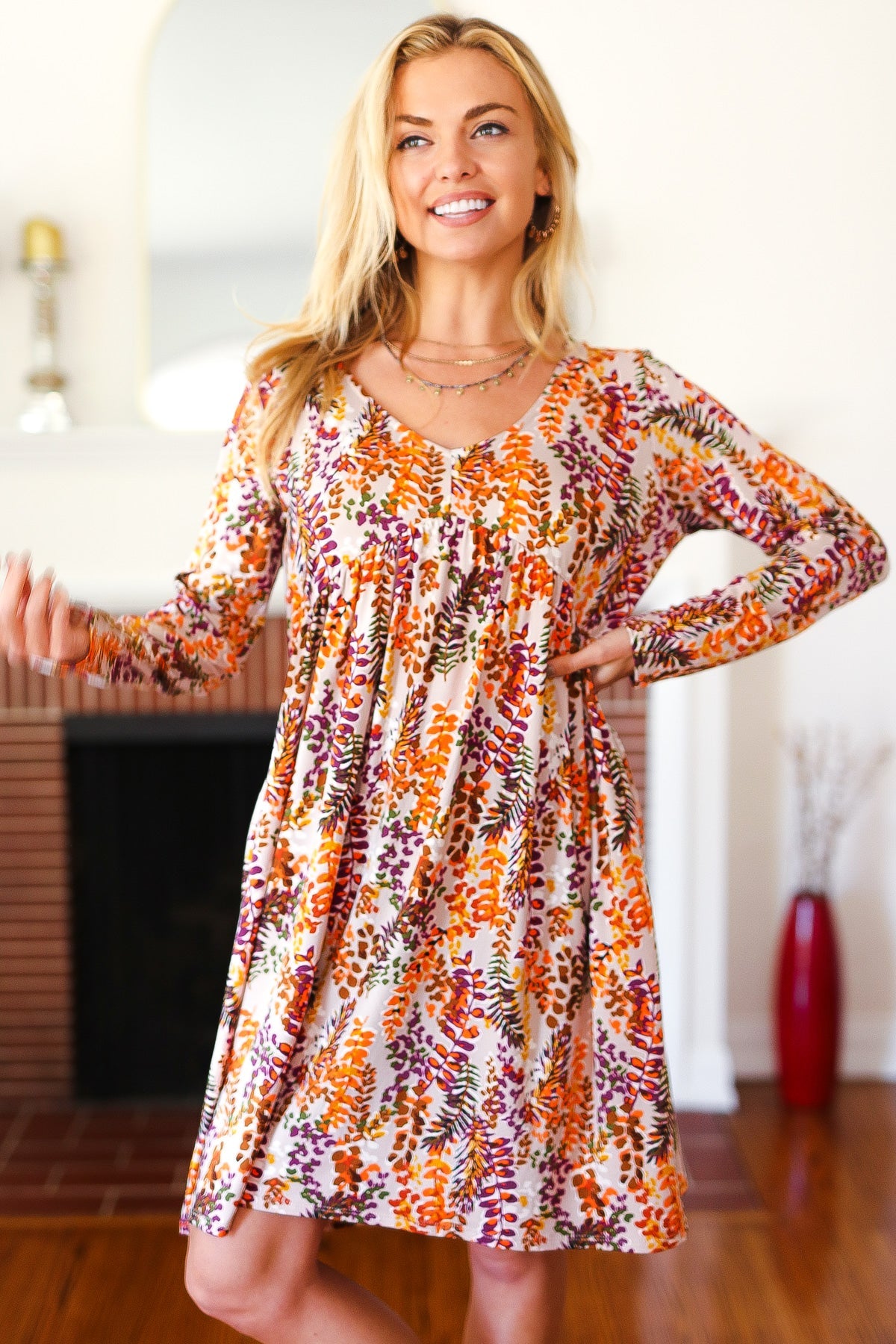 Taupe Fall Leaves Long Sleeve Babydoll V Neck Dress