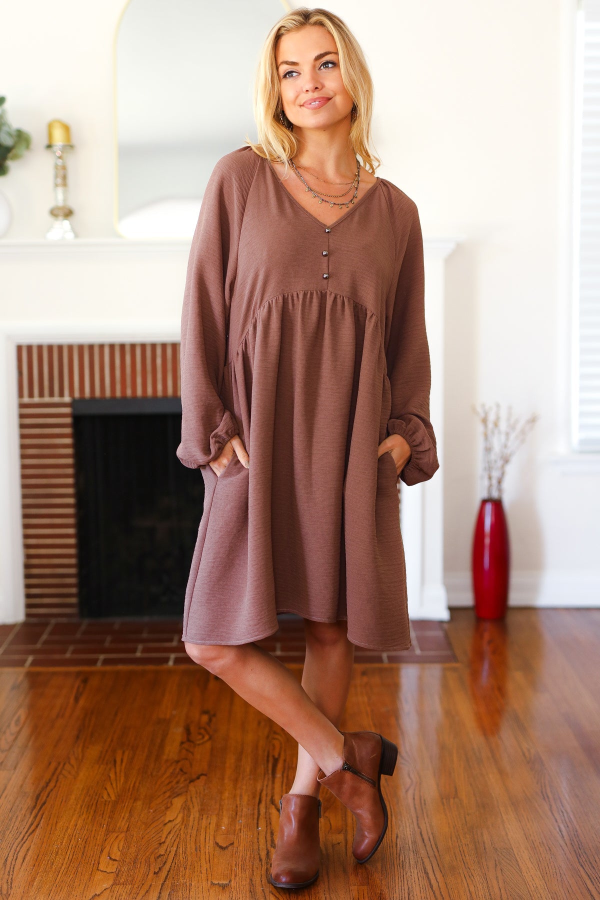 Mocha Woven Waffle V Neck Babydoll Dress