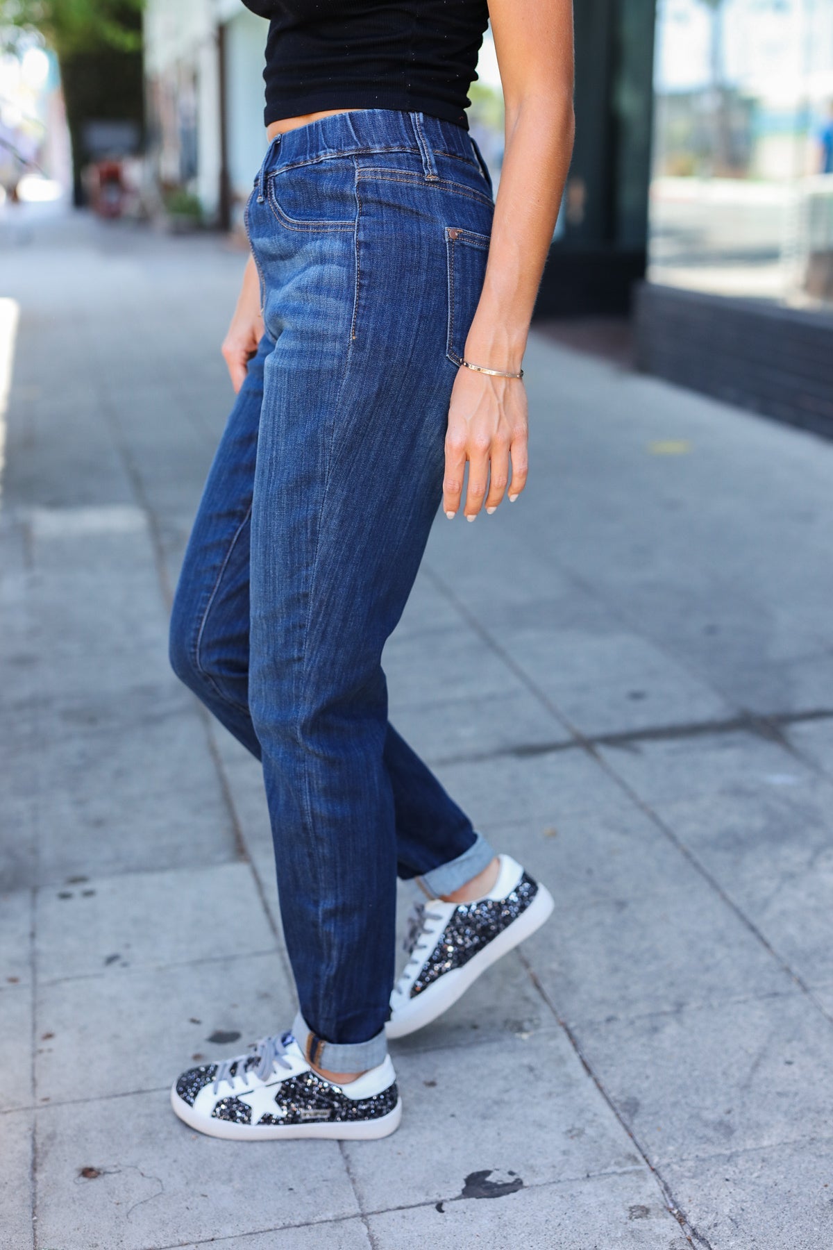 Dark Wash Pull On Cuffed Slim Fit Jeans