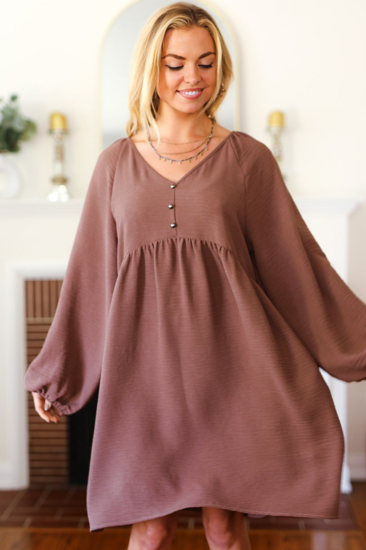 Mocha Woven Waffle V Neck Babydoll Dress