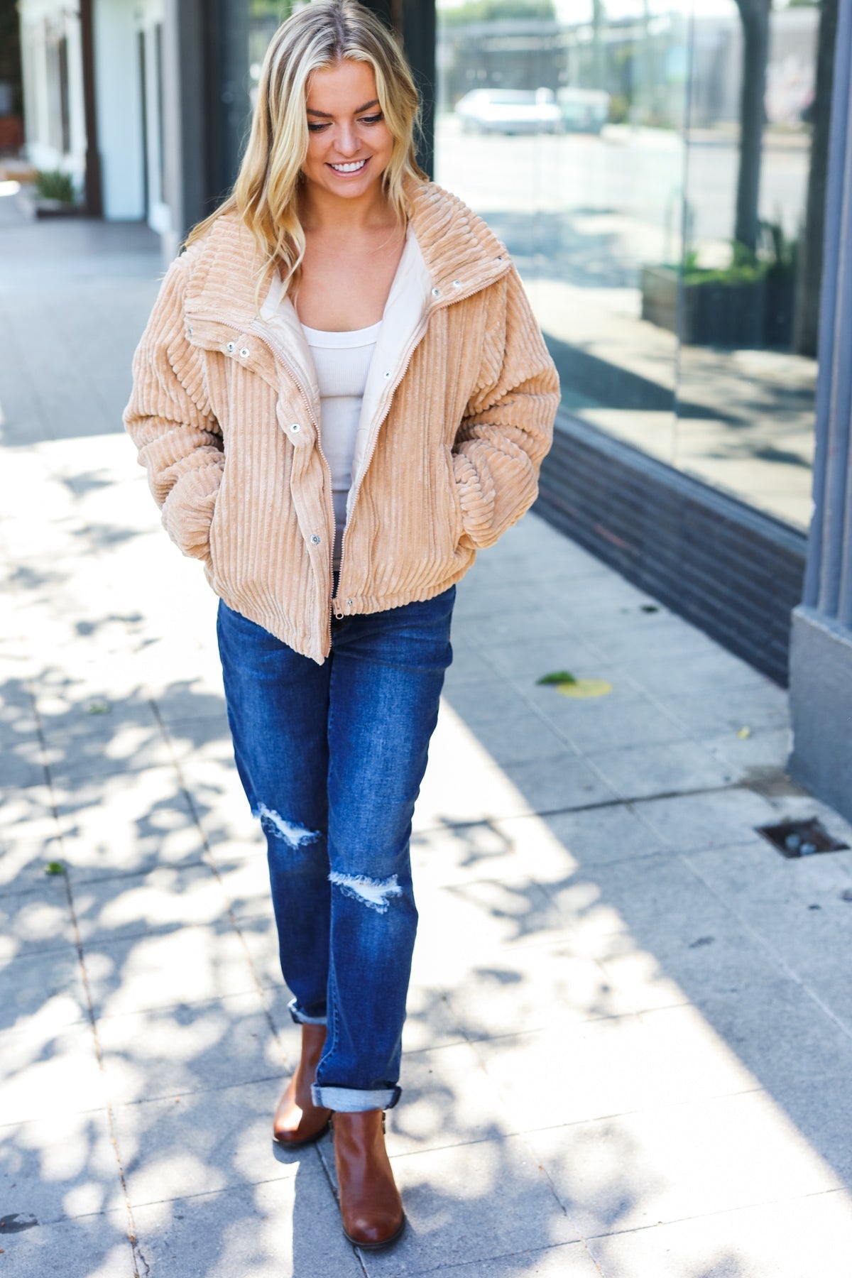 Latte Corduroy Ribbed High Neck Puffer Jacket