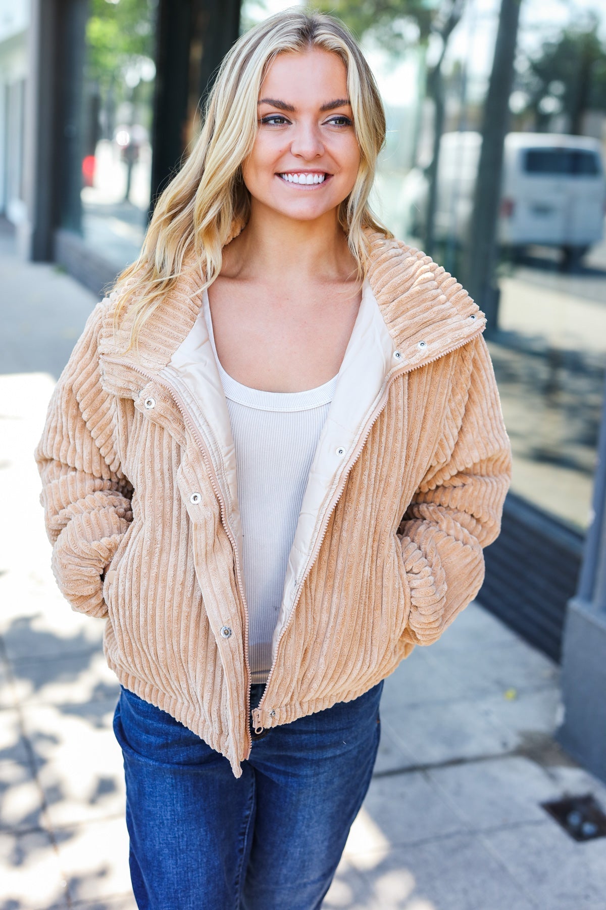 Latte Corduroy Ribbed High Neck Puffer Jacket