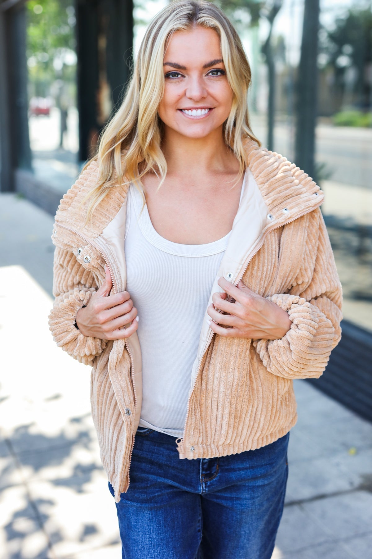 Latte Corduroy Ribbed High Neck Puffer Jacket