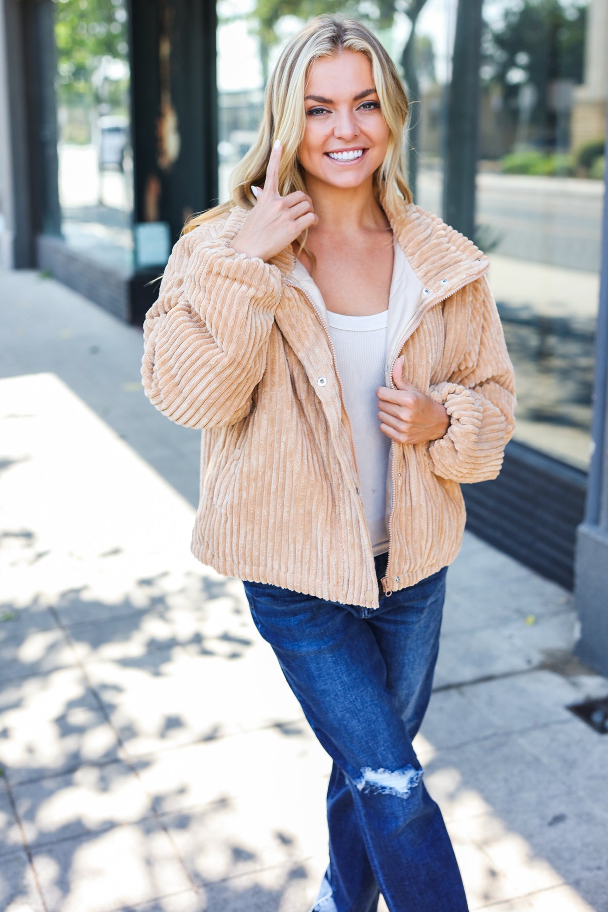 Latte Corduroy Ribbed High Neck Puffer Jacket