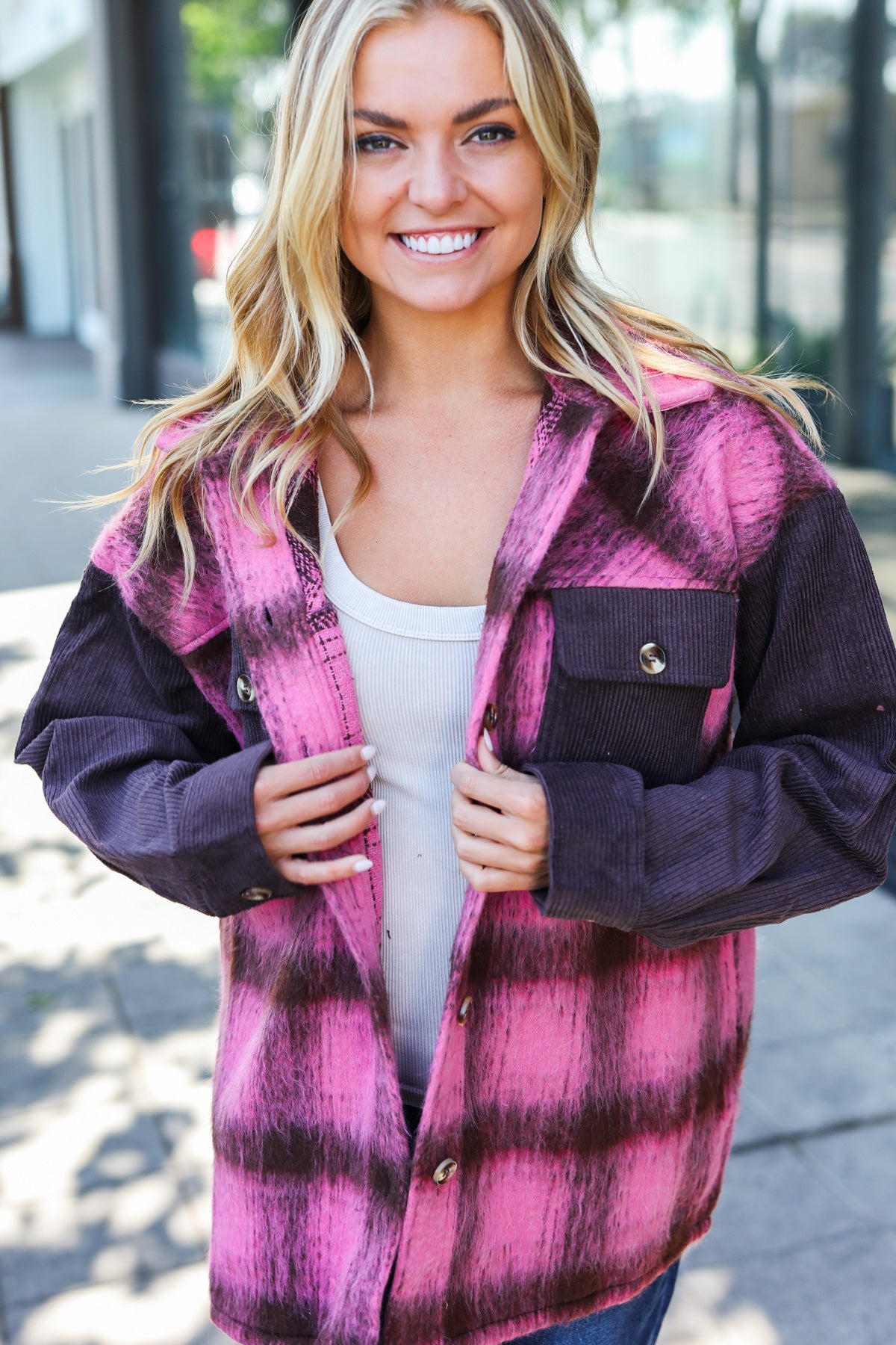 Pink & Brown Plaid Corduroy Fuzzy Shacket