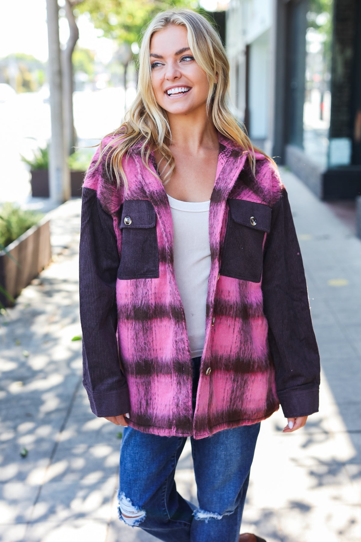 Pink & Brown Plaid Corduroy Fuzzy Shacket