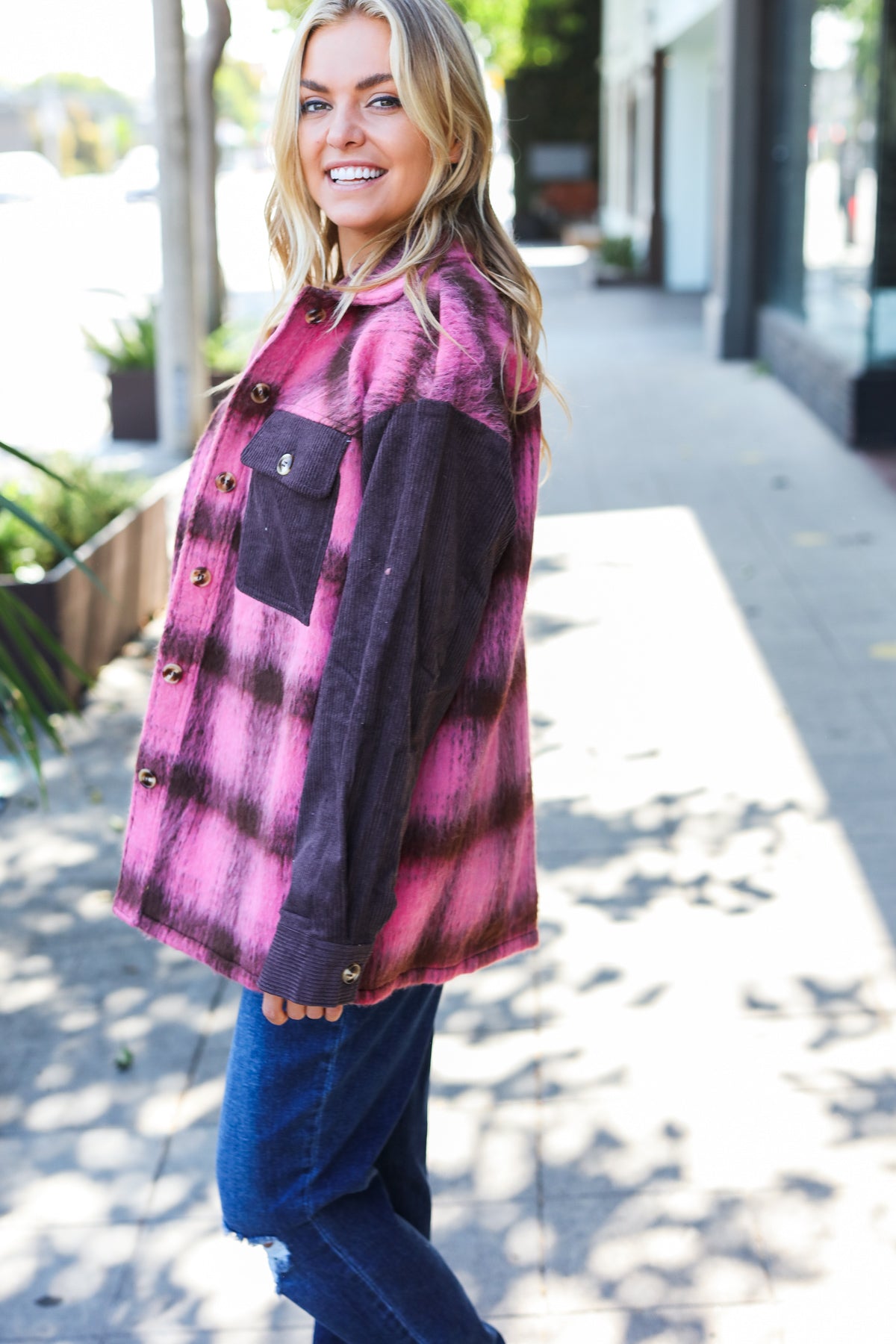 Pink & Brown Plaid Corduroy Fuzzy Shacket