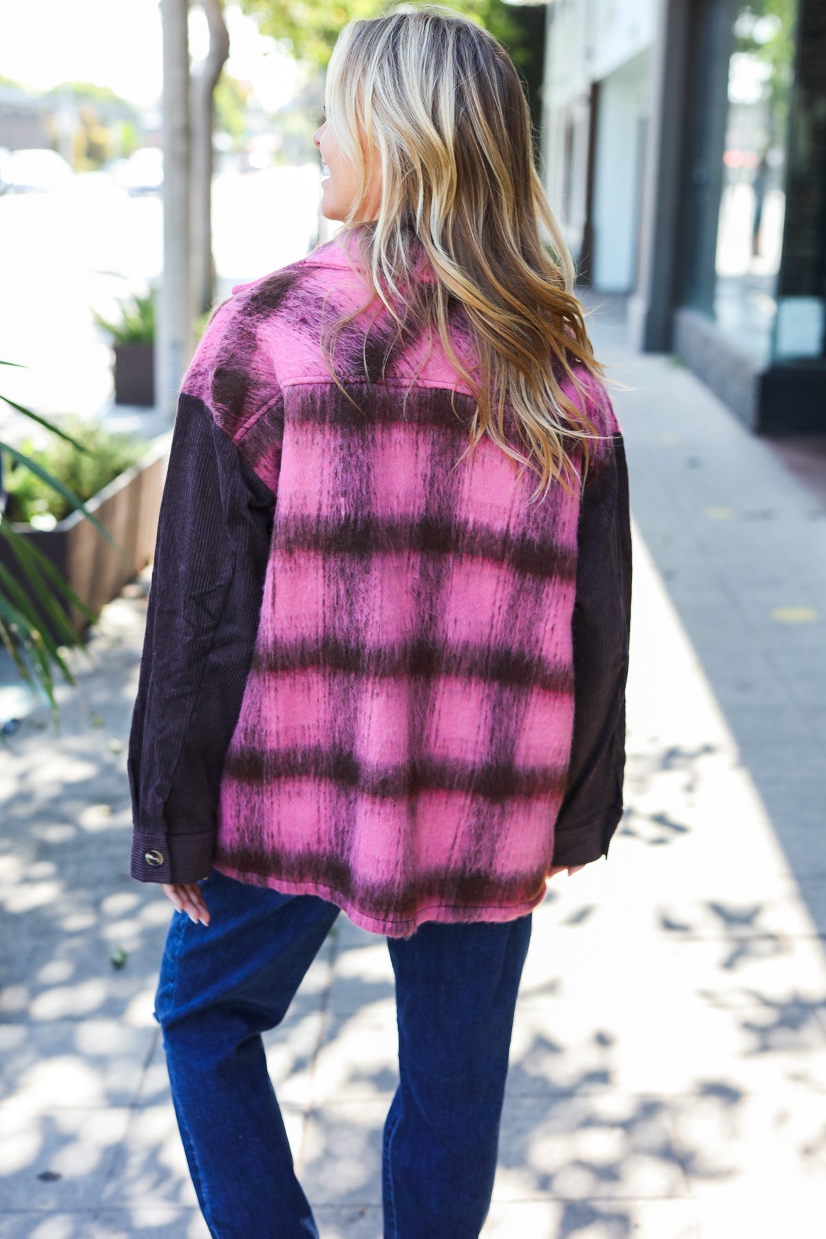 Pink & Brown Plaid Corduroy Fuzzy Shacket