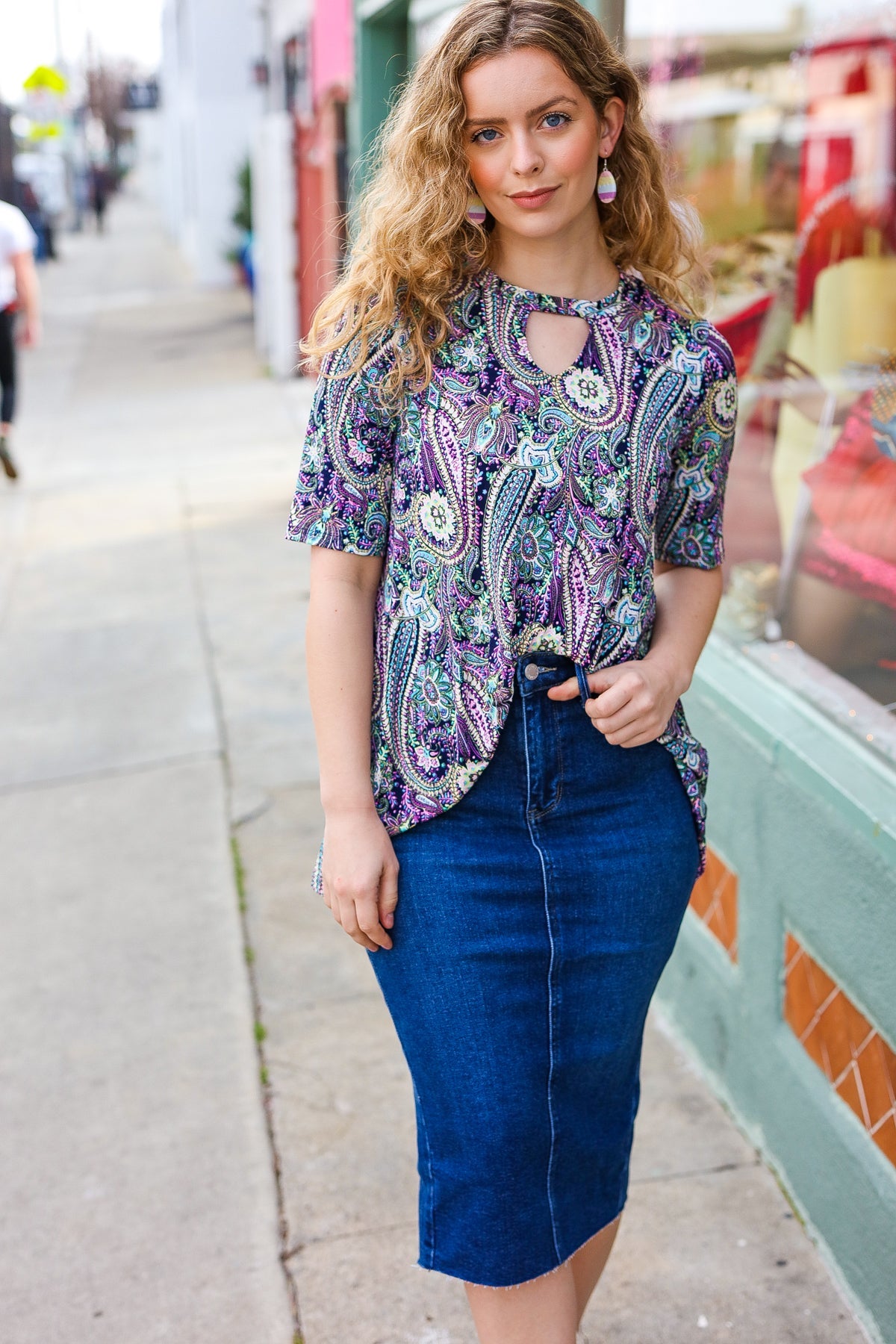 Navy Floral Paisley Front Keyhole Tunic Top