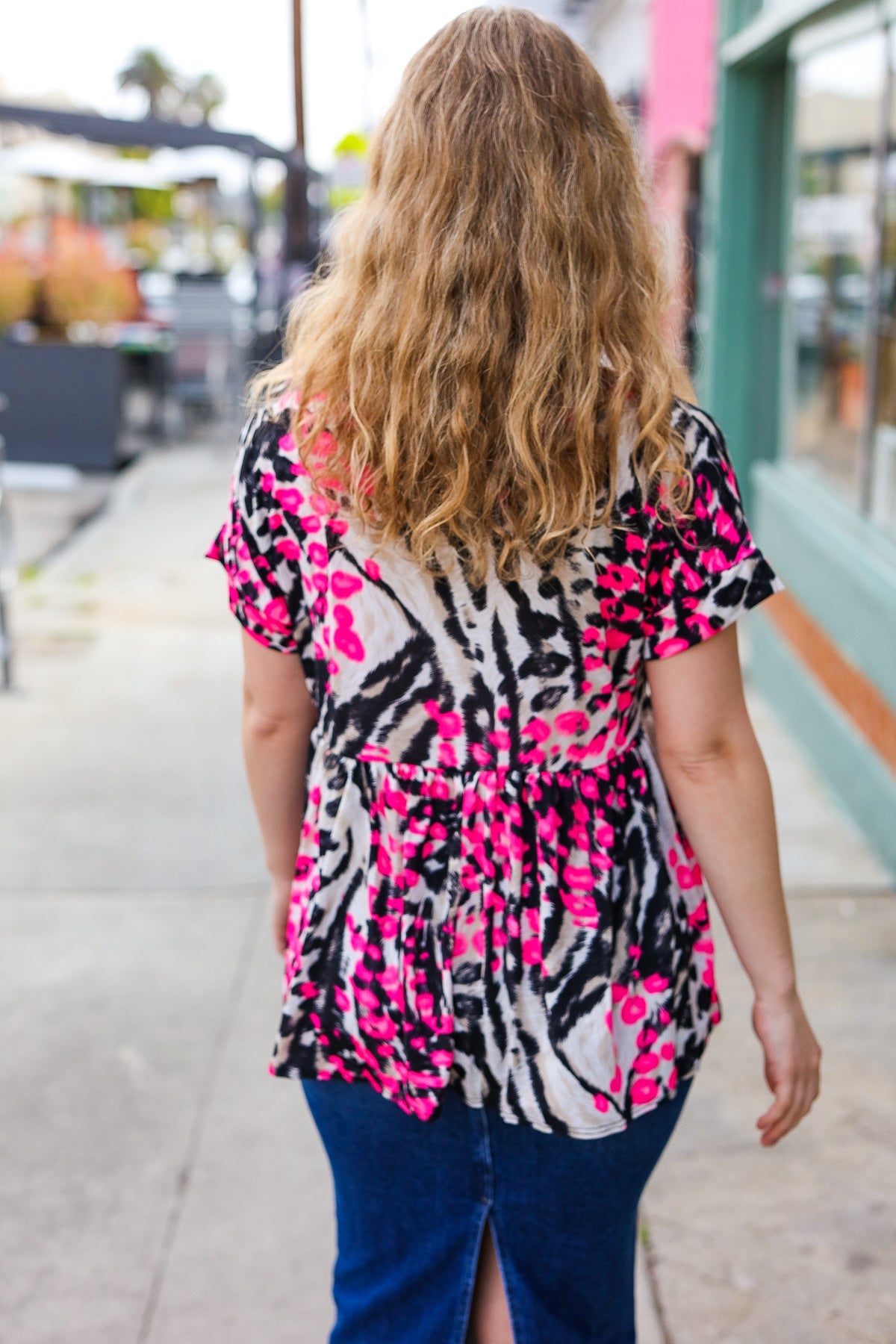 Pink Animal Print Babydoll V Neck Top