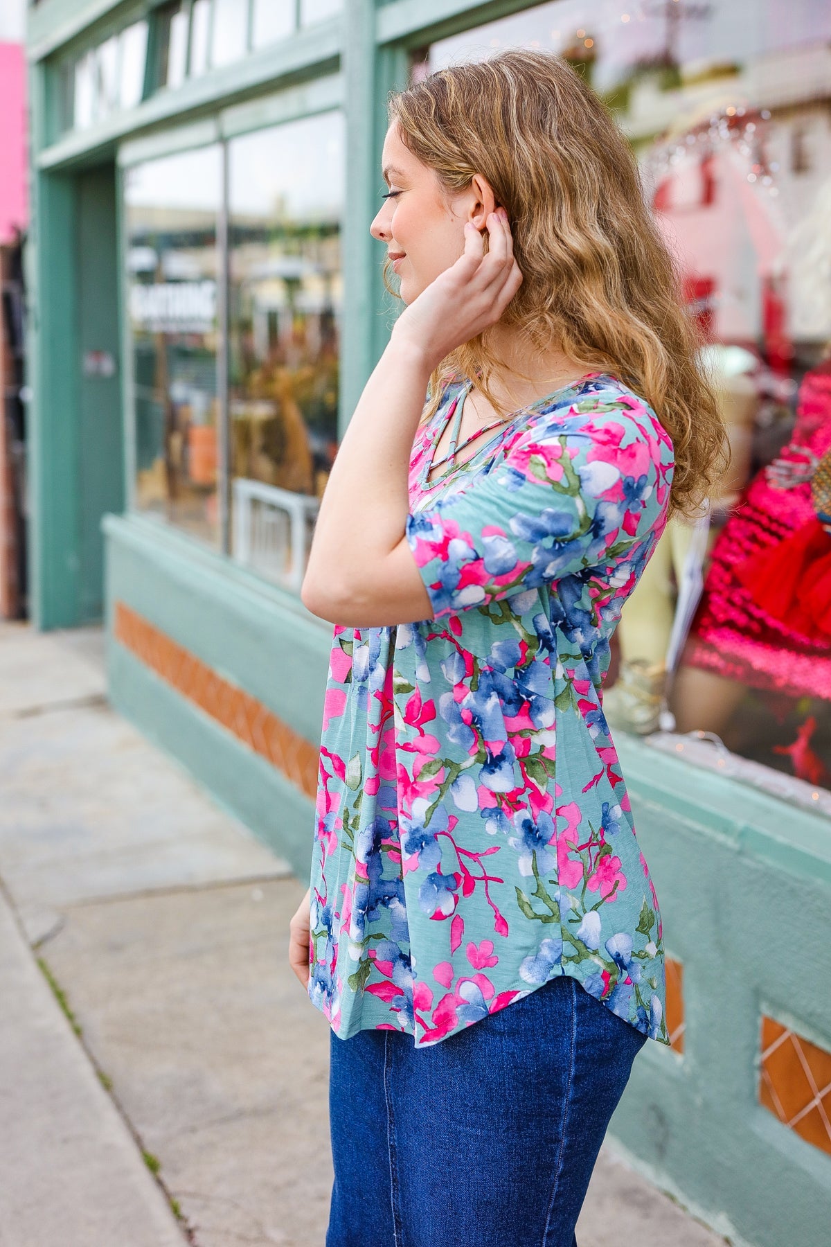 Light Teal Floral Criss Cross V Neck Babydoll Top