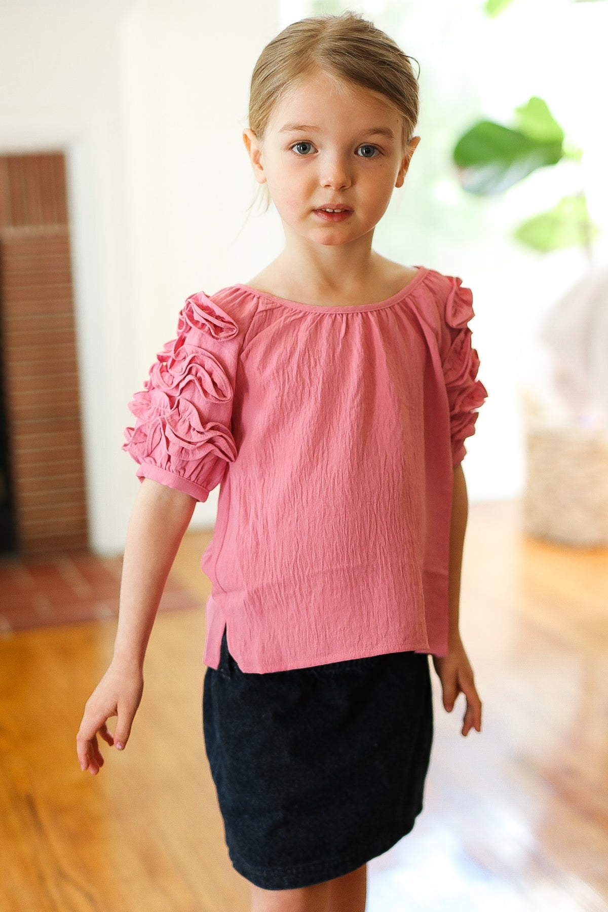Rose Crepe Tiered Ruffle Sleeve Blouse