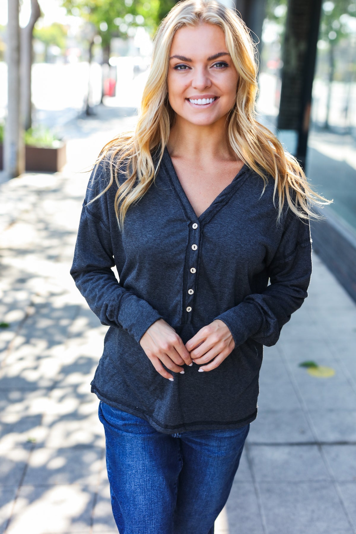 Charcoal Henley Button Down V Neck Top